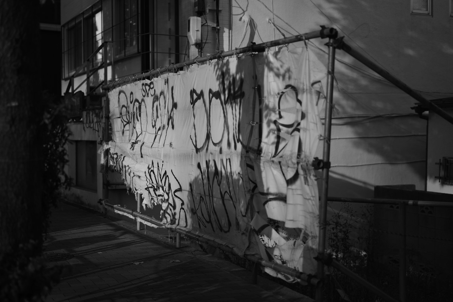 Black and white graffiti on a construction wall beside a building
