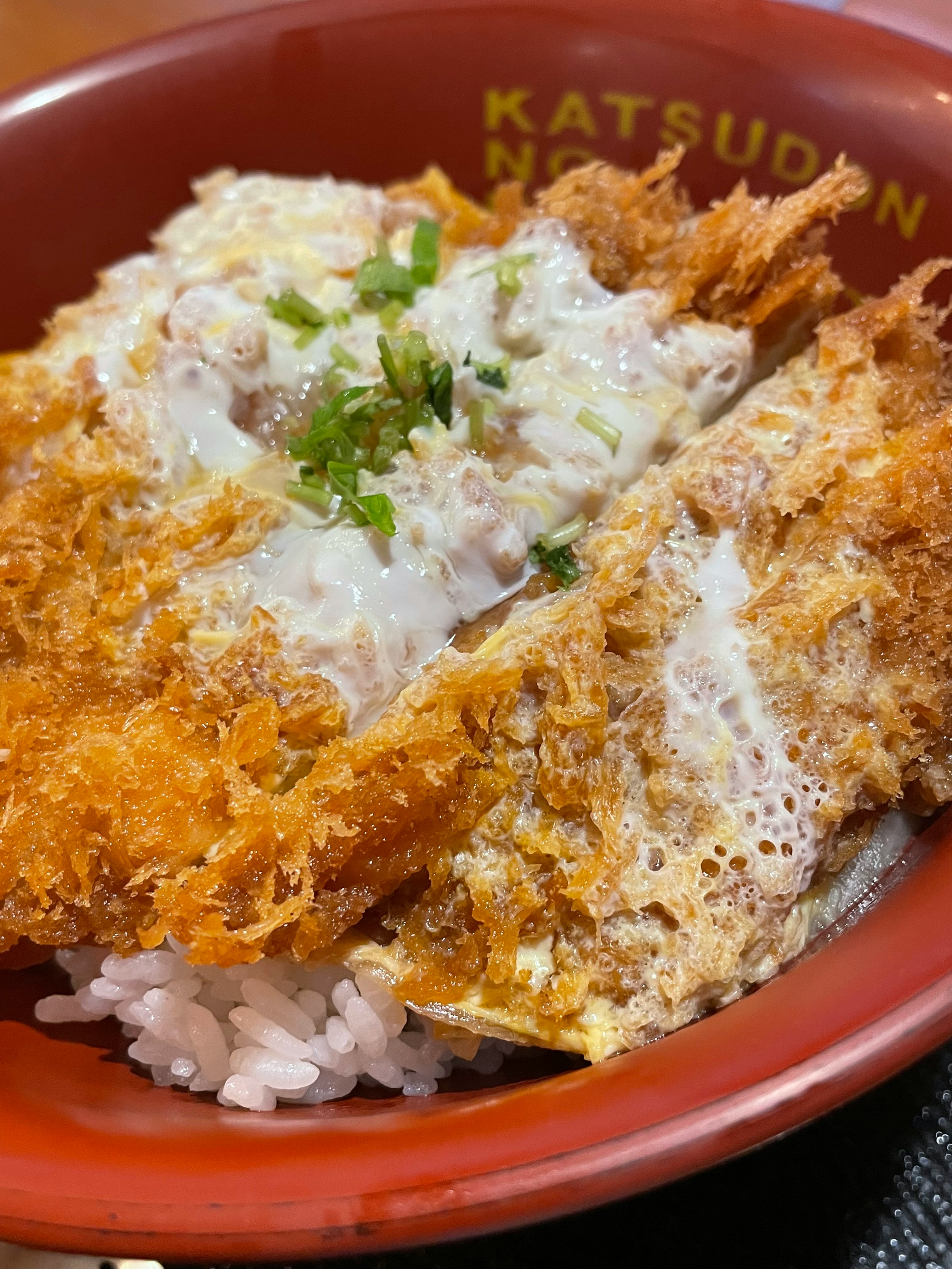 日式炸豬排蓋飯（勝丼）碗，半熟蛋與酥脆炸衣配蔥花