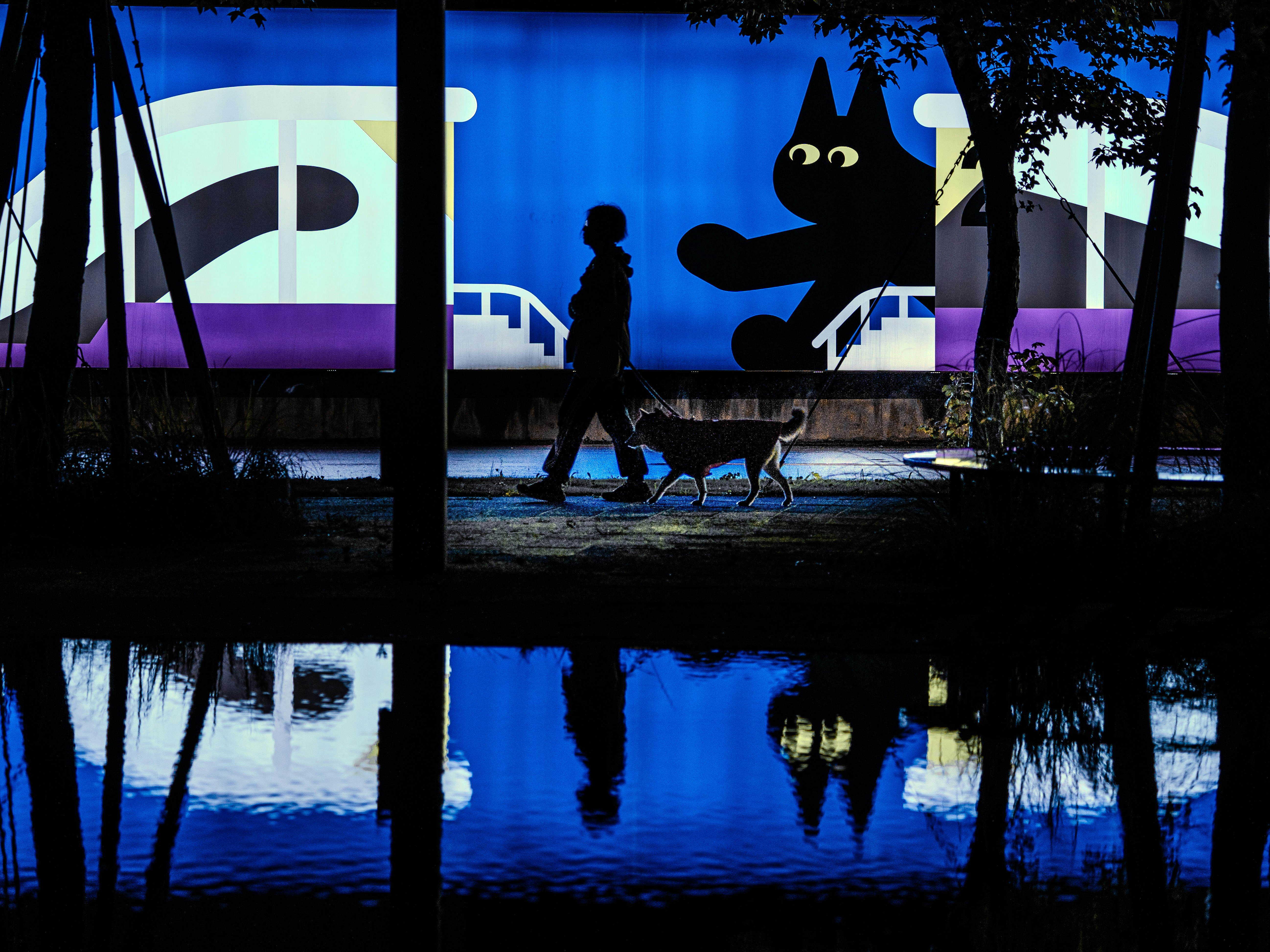 夜の公園で水面に映るシルエットの人物とベンチ