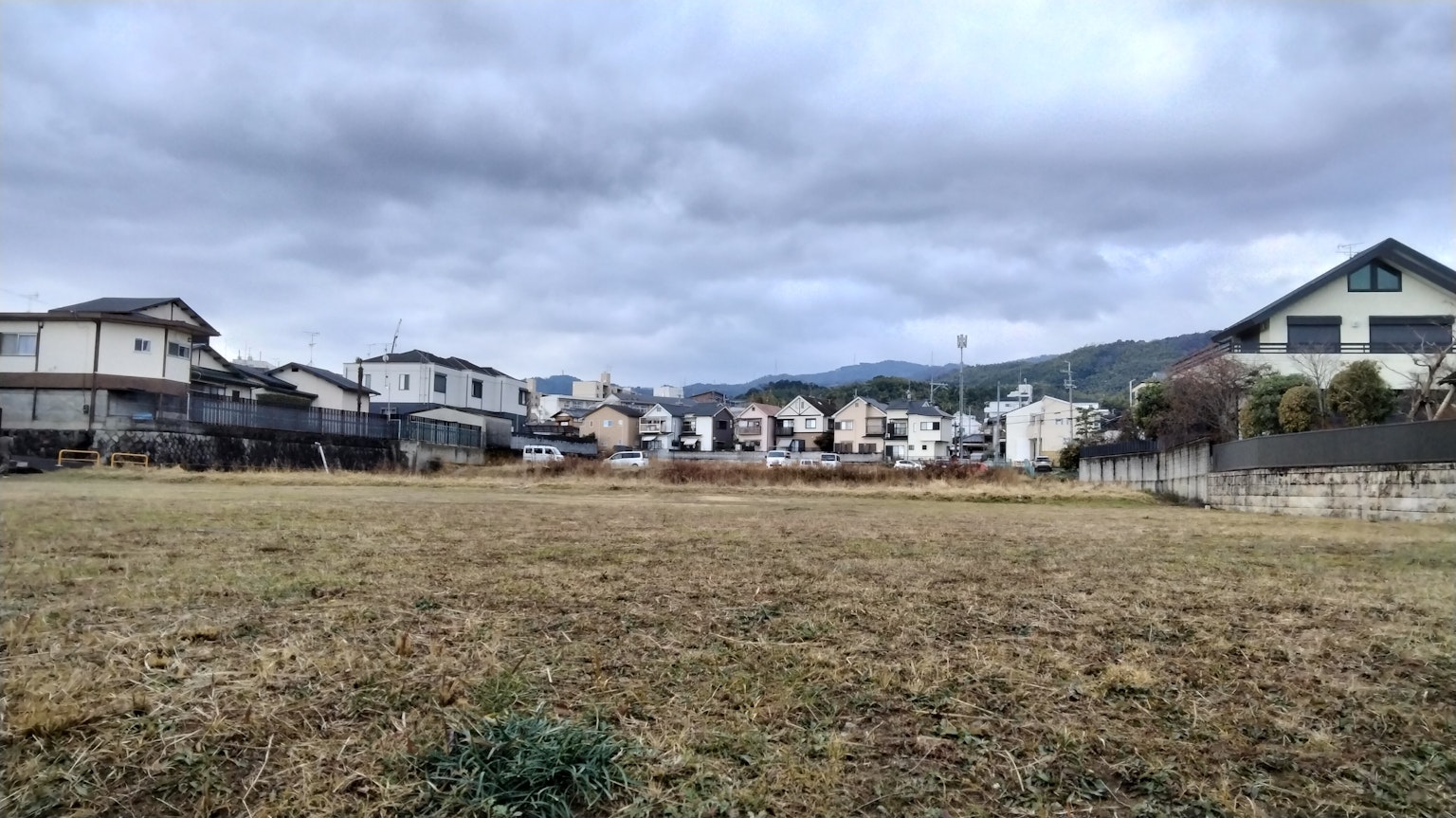 開闊的田野和背景中的住宅建築