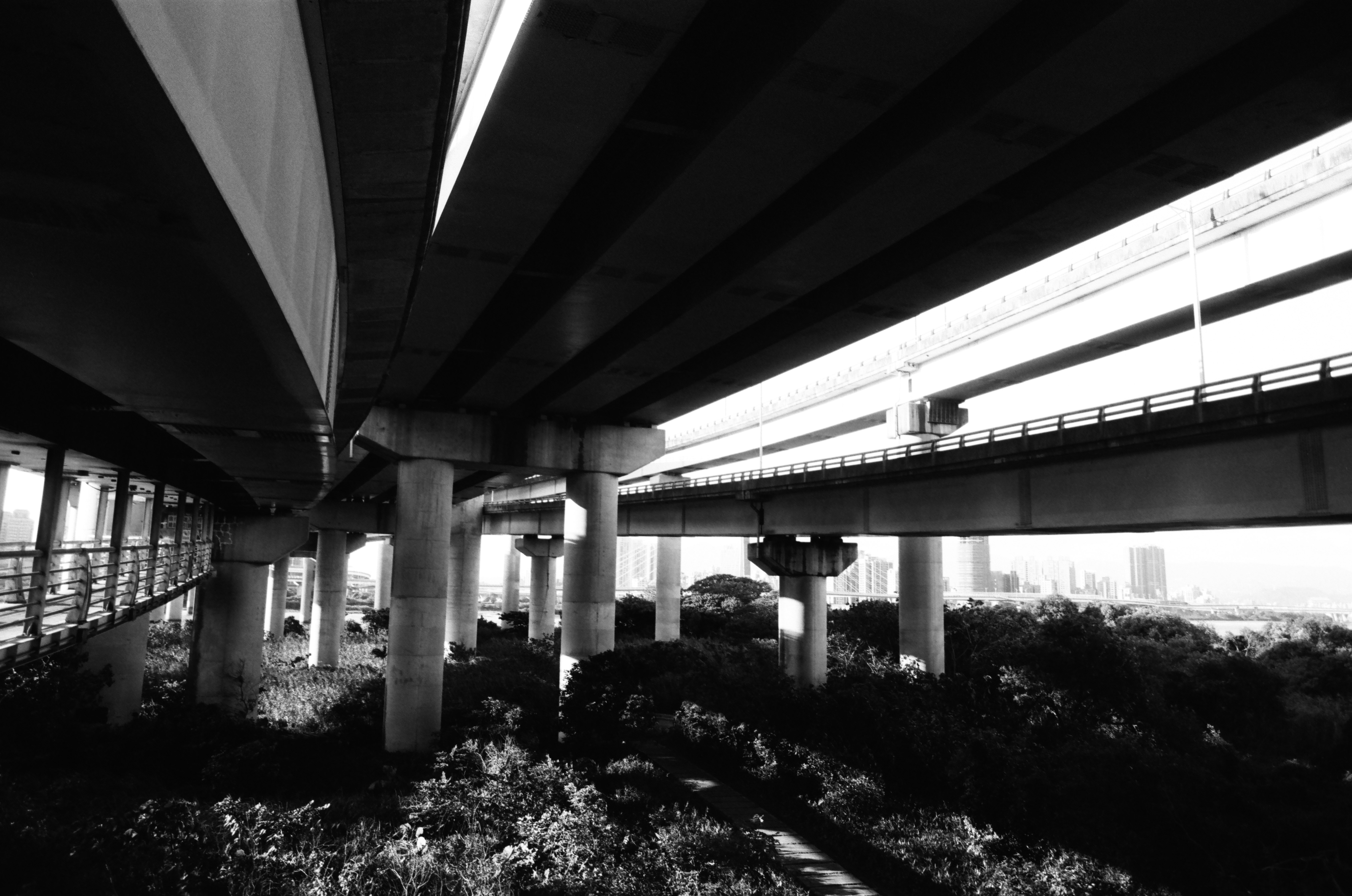 高架下の柱と線路のあるモノクロの風景