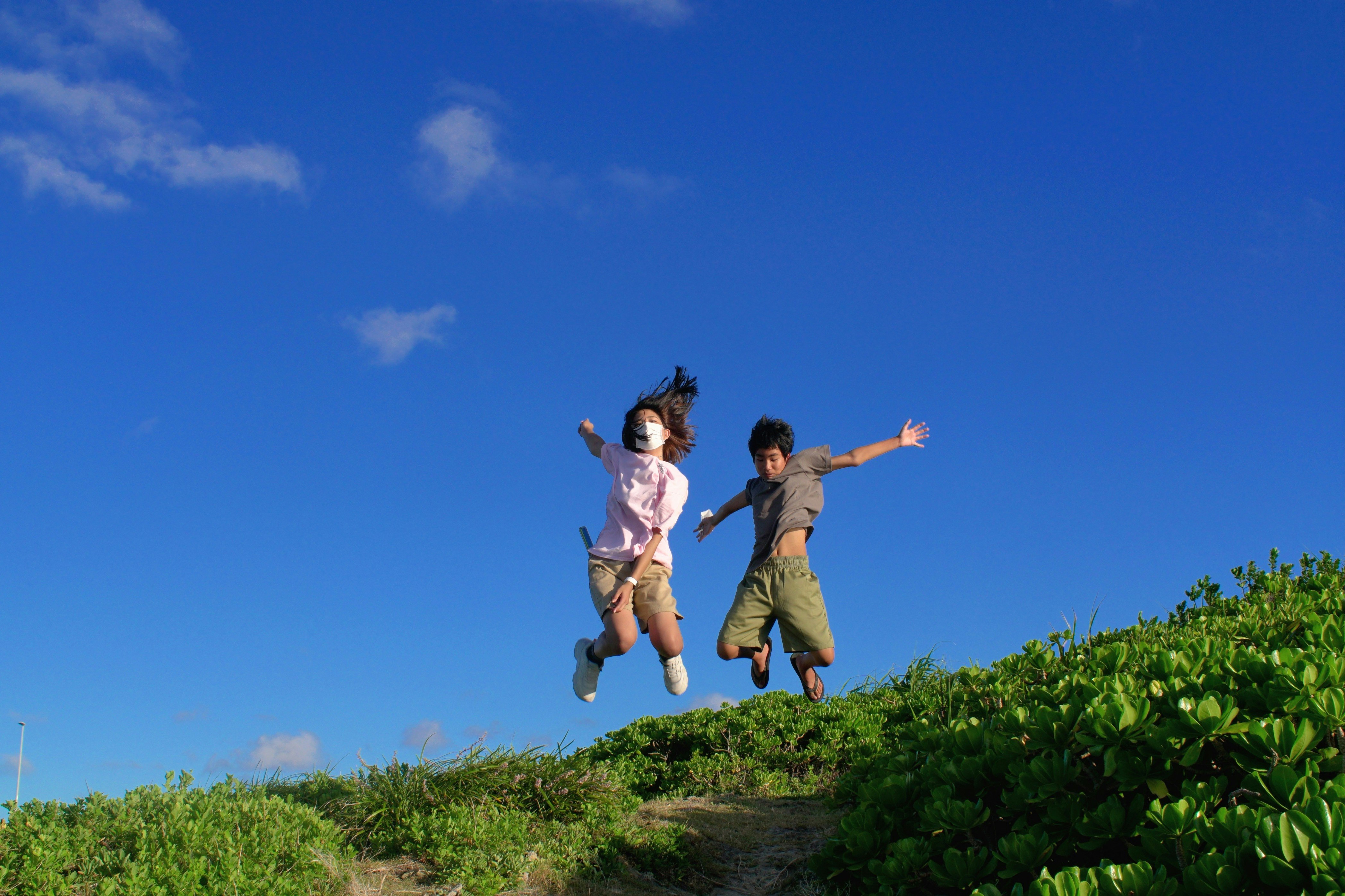 青空の下で草むらを跳ぶ子どもたち