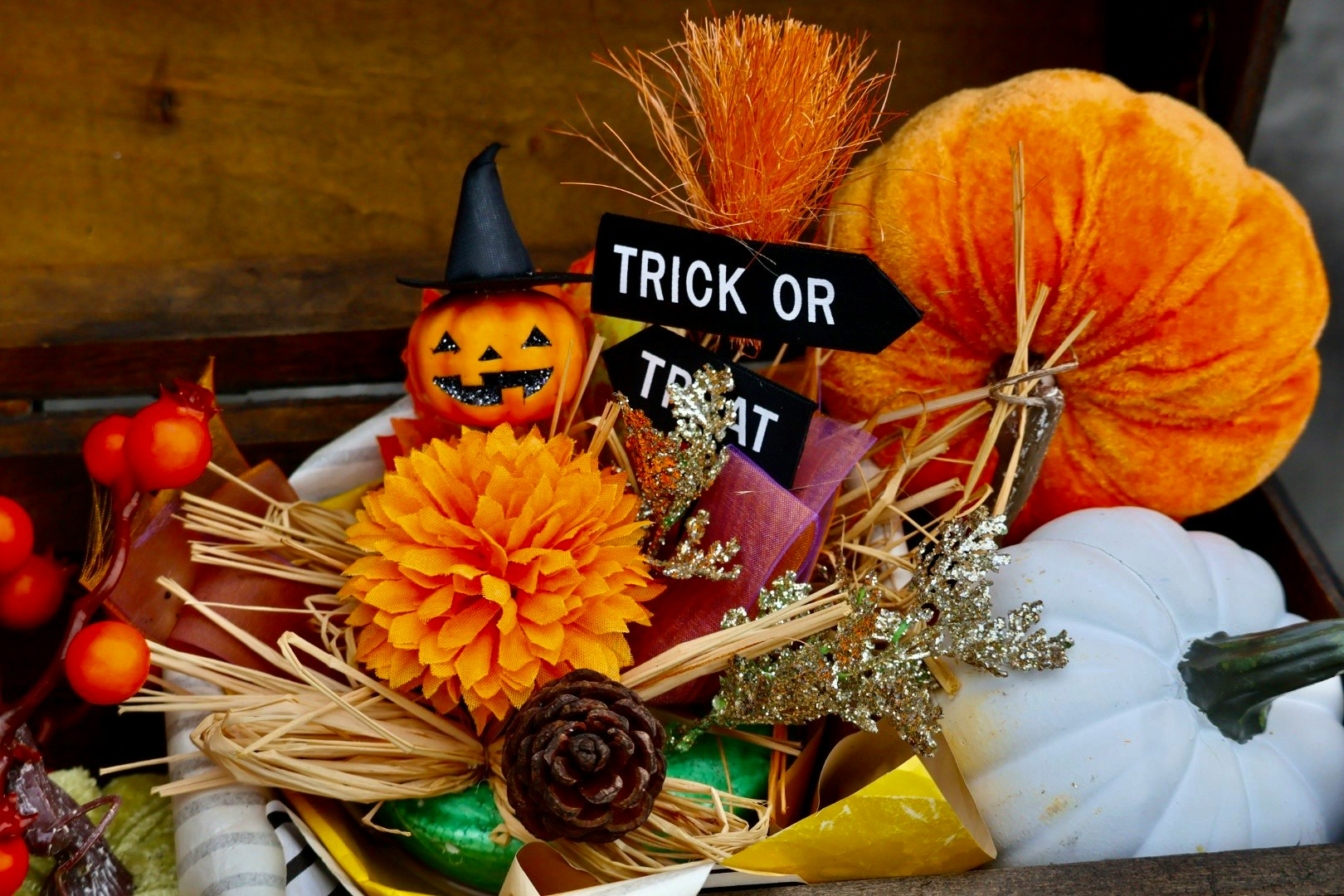 萬聖節佈置、南瓜與「Trick or Treat」牌子放在桌上圖片