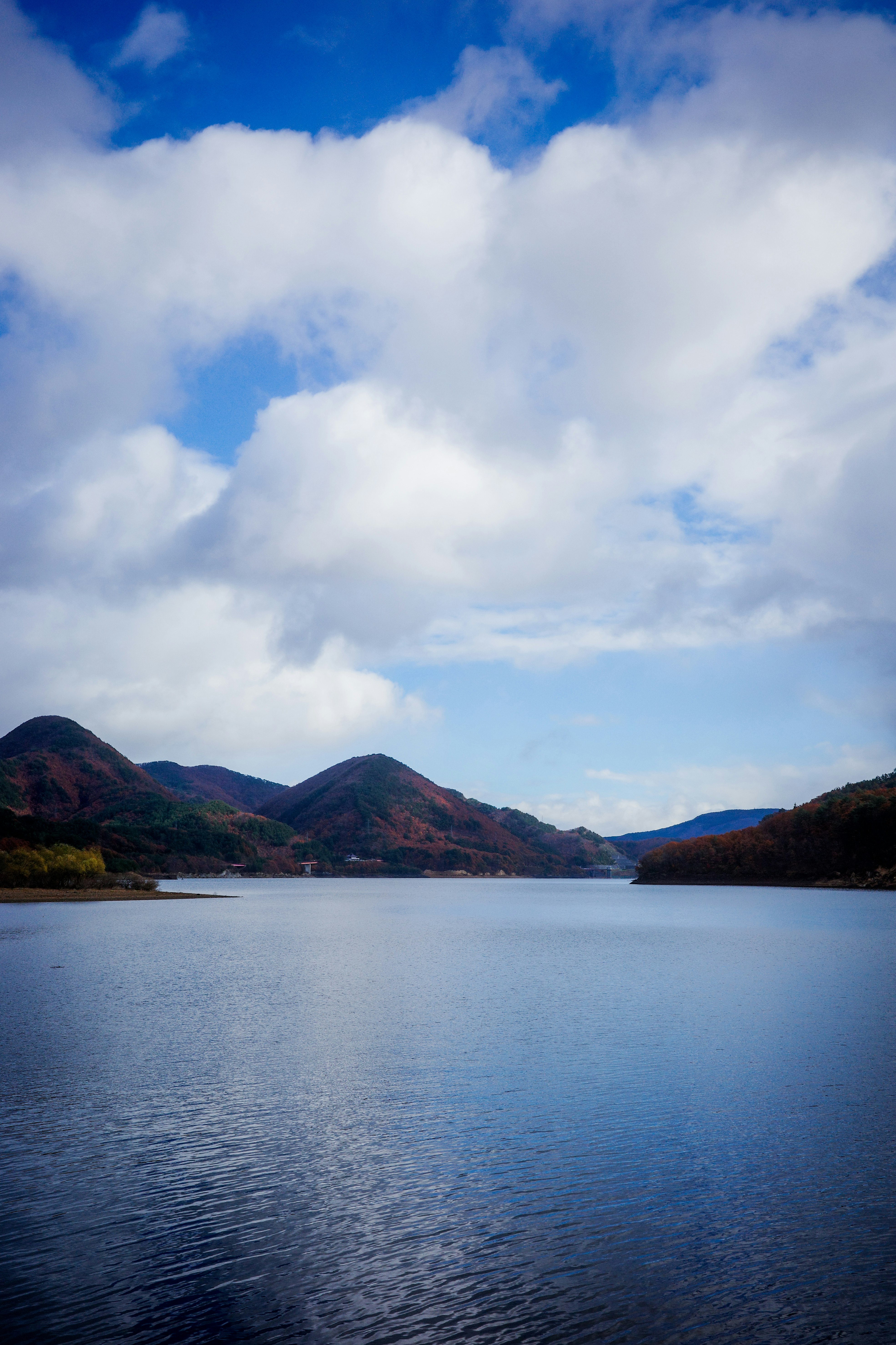 穏やかな湖面と山並みが広がる風景