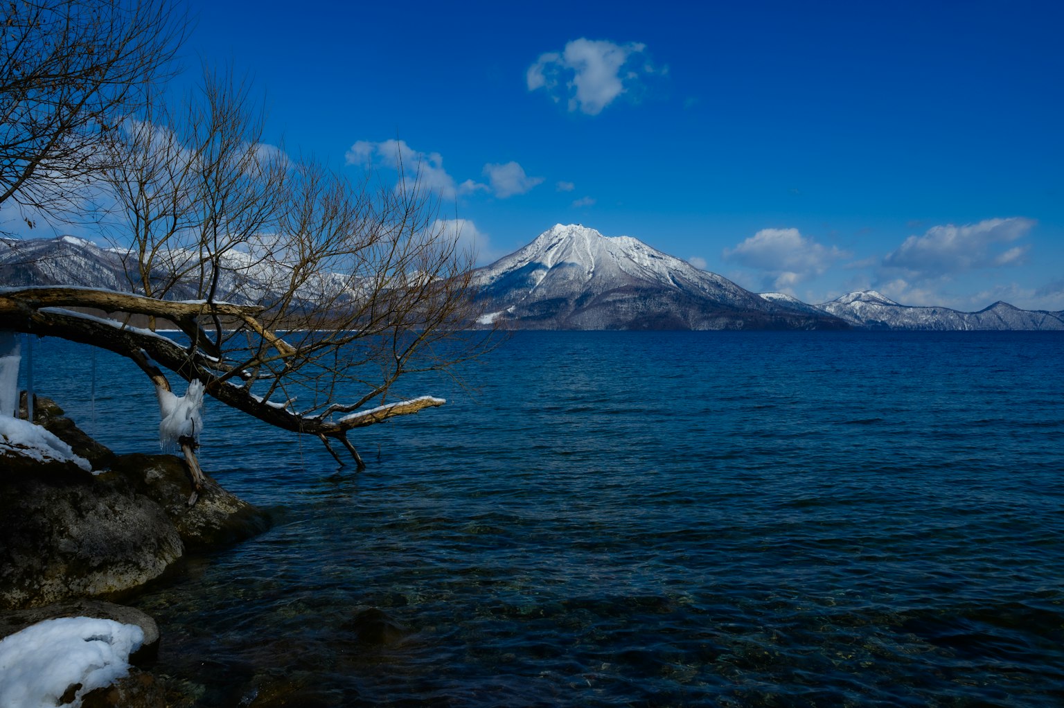 雪山下蓝天的宁静湖泊风光