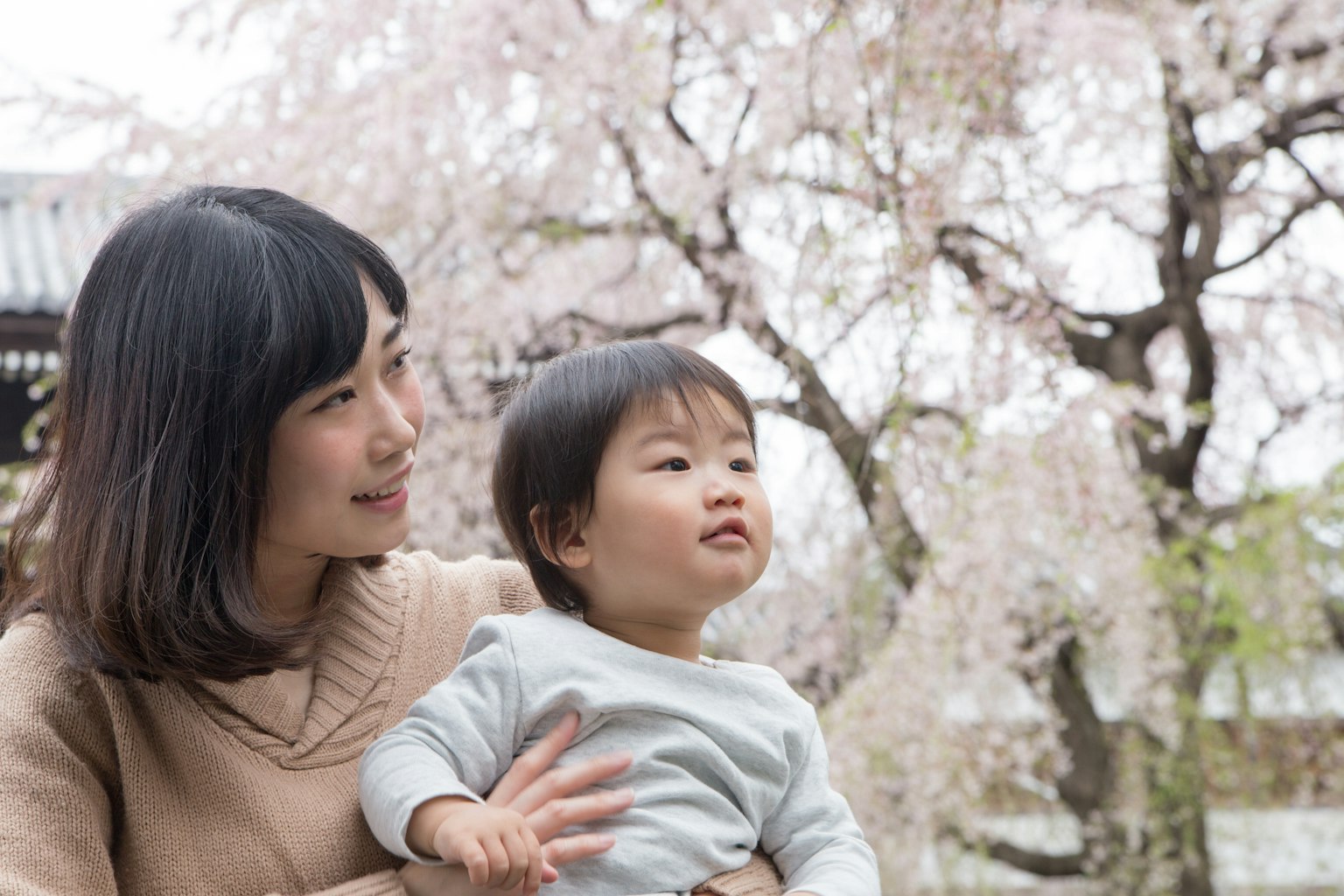 Portrait d'une mère et d'un enfant souriant devant un cerisier en fleurs