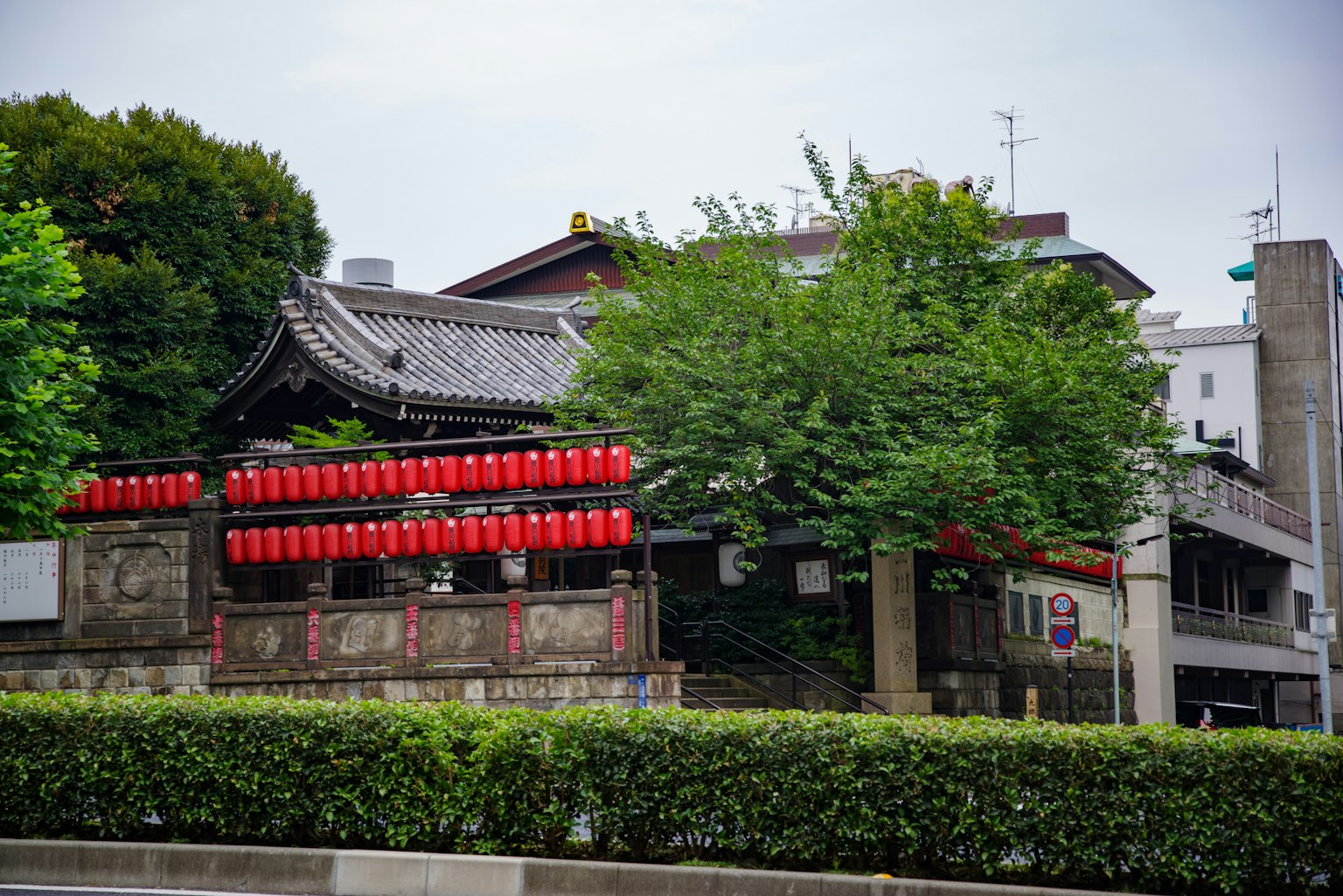 Traditional Japanese building adorned with red lanterns and lush green trees