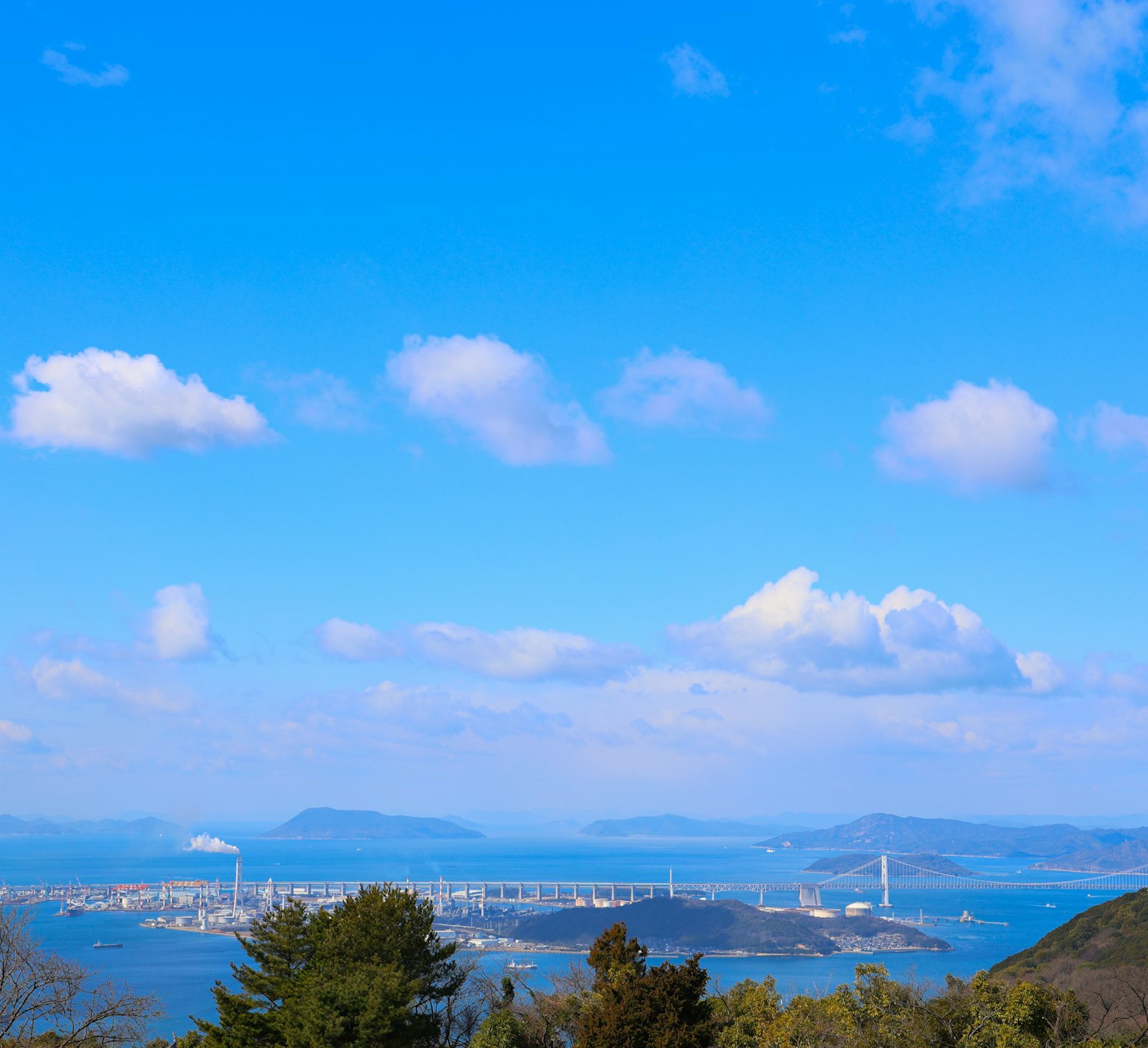Vista panoramica del cielo blu con nuvole bianche che mostra il mare e un ponte