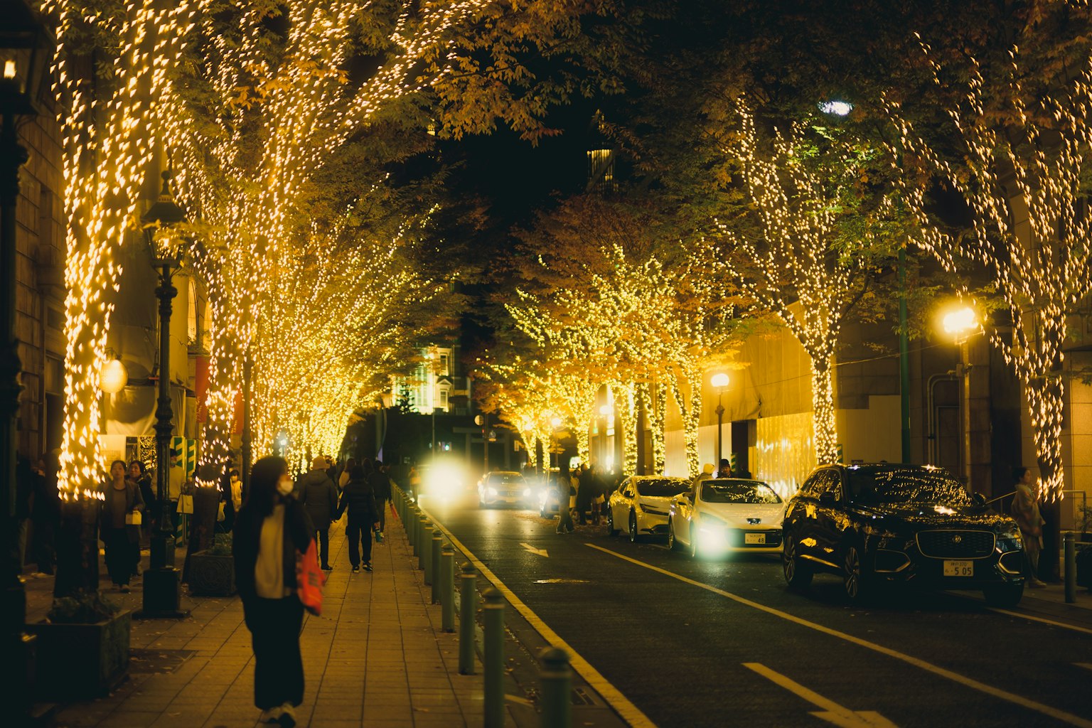 ถนนที่มีการประดับไฟและผู้คนเดิน