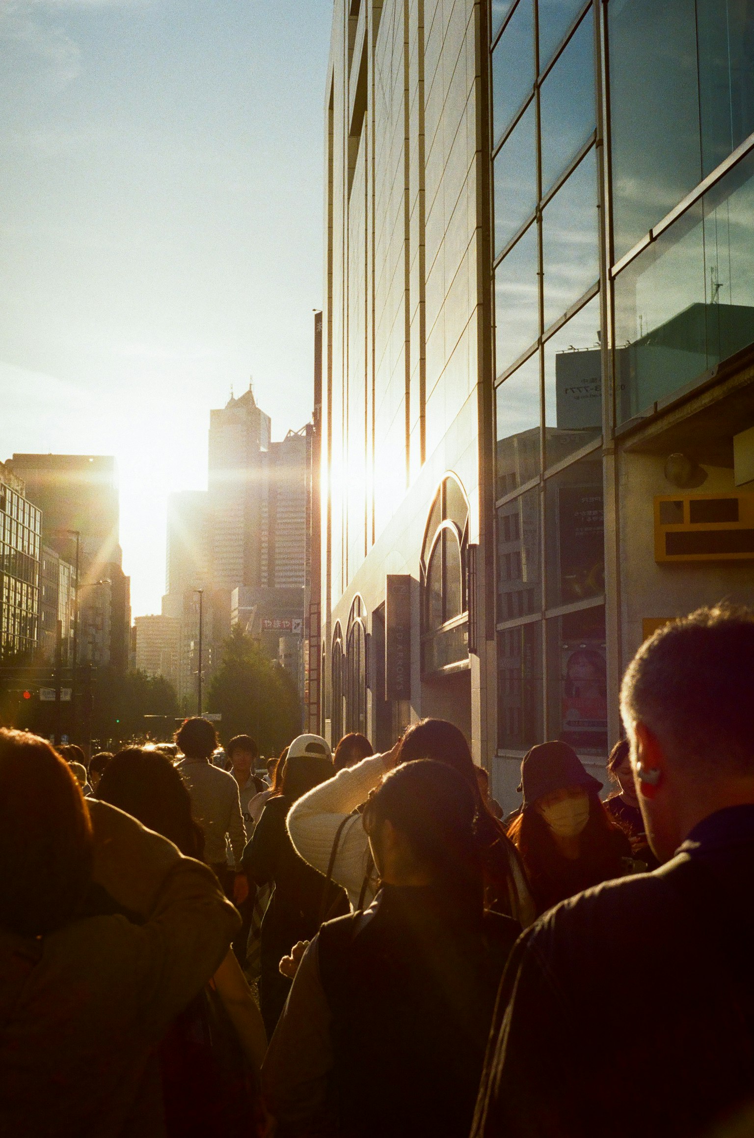 Crowd of people walking on a city street with sunset in the background