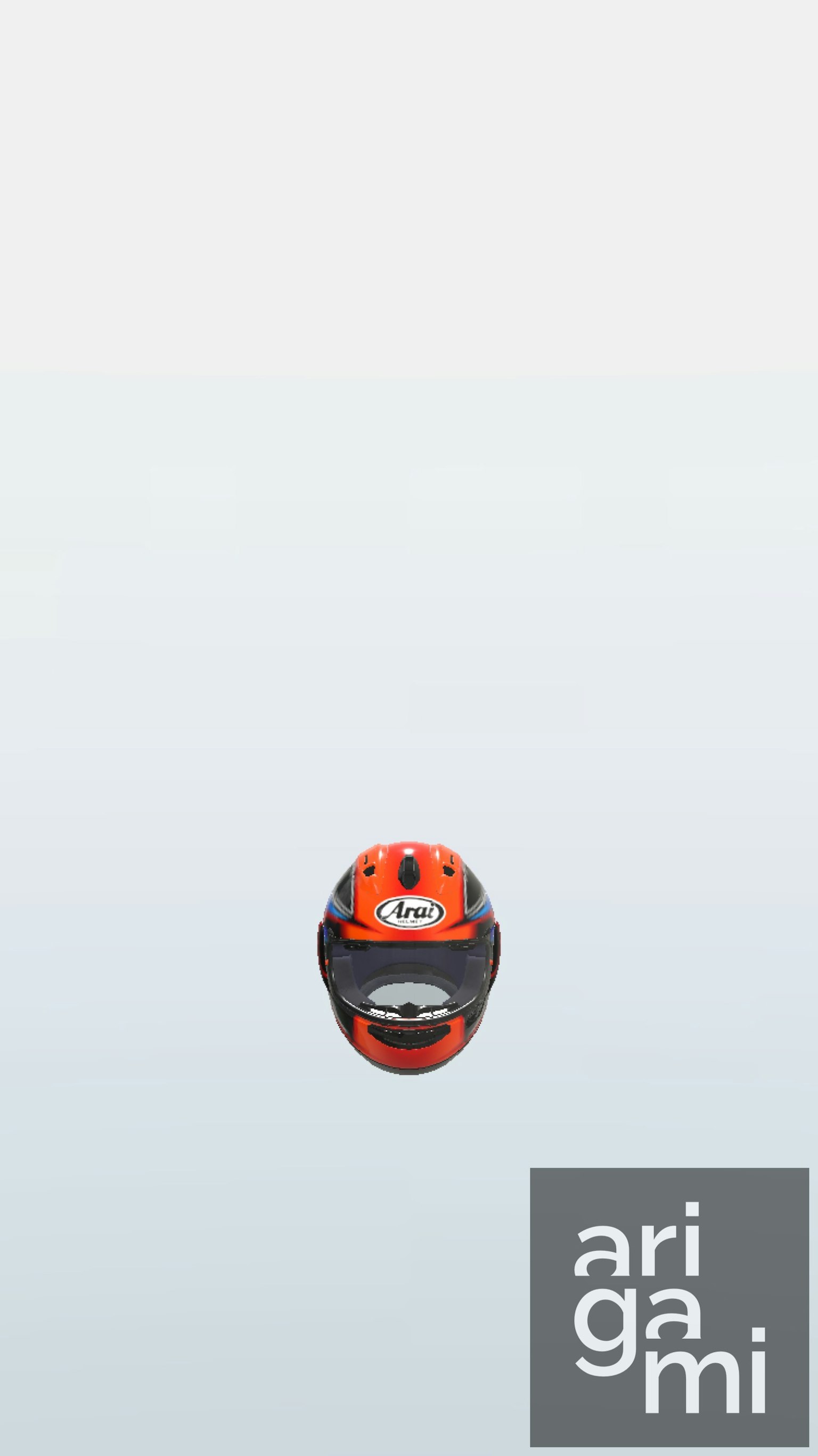 Ein orange-grauer Helm von oben gezeigt mit dem arigami-Markenlogo