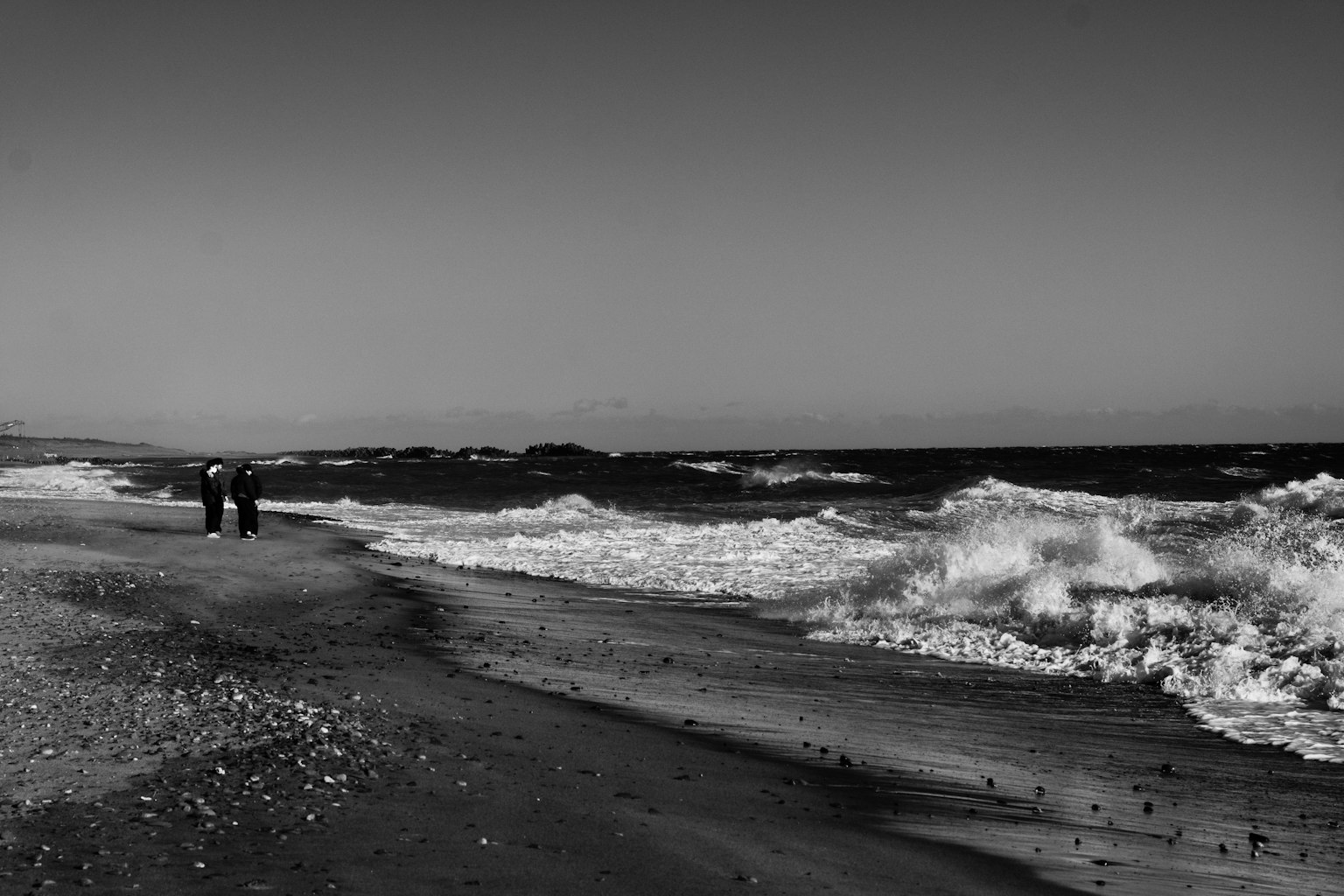 ภาพชายหาดขาวดำที่มีคลื่นและผู้คนเดิน