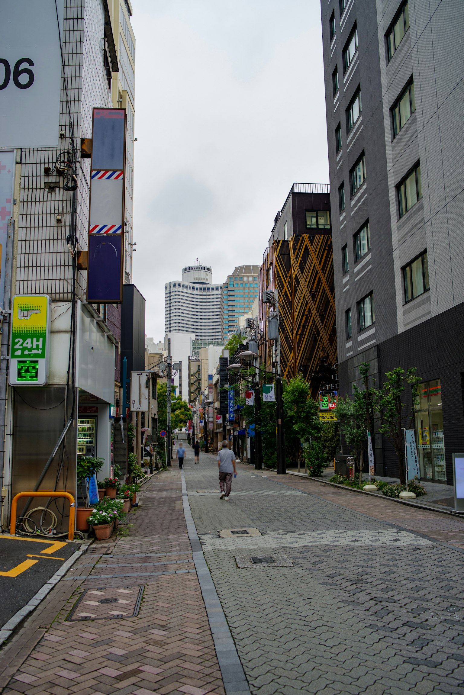 一条安静的城市街道，有一个人走过，周围是建筑和绿植
