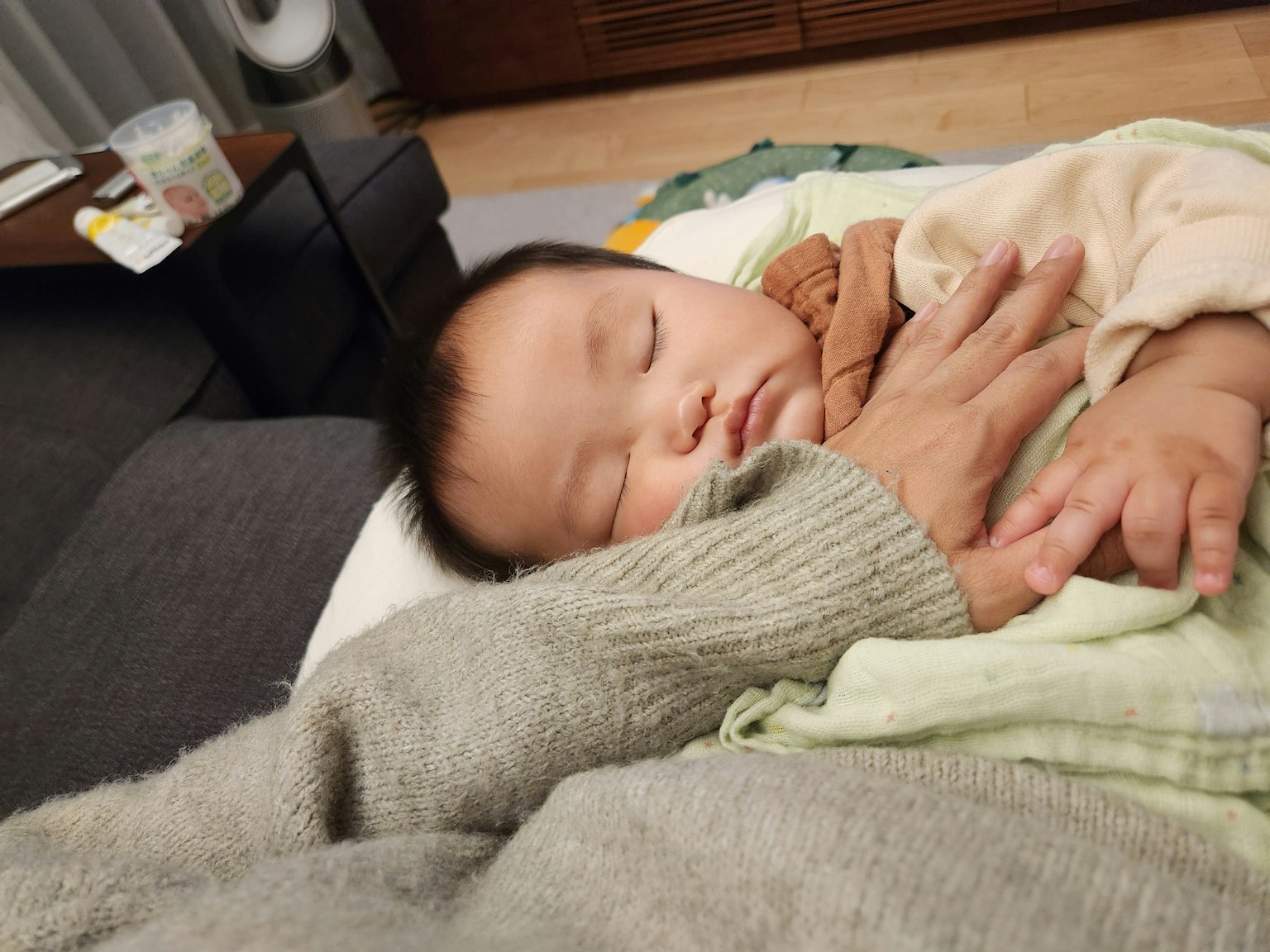 부드러운 손에 안겨 있는 잠자는 아기 아늑한 설정과 부드러운 질감
