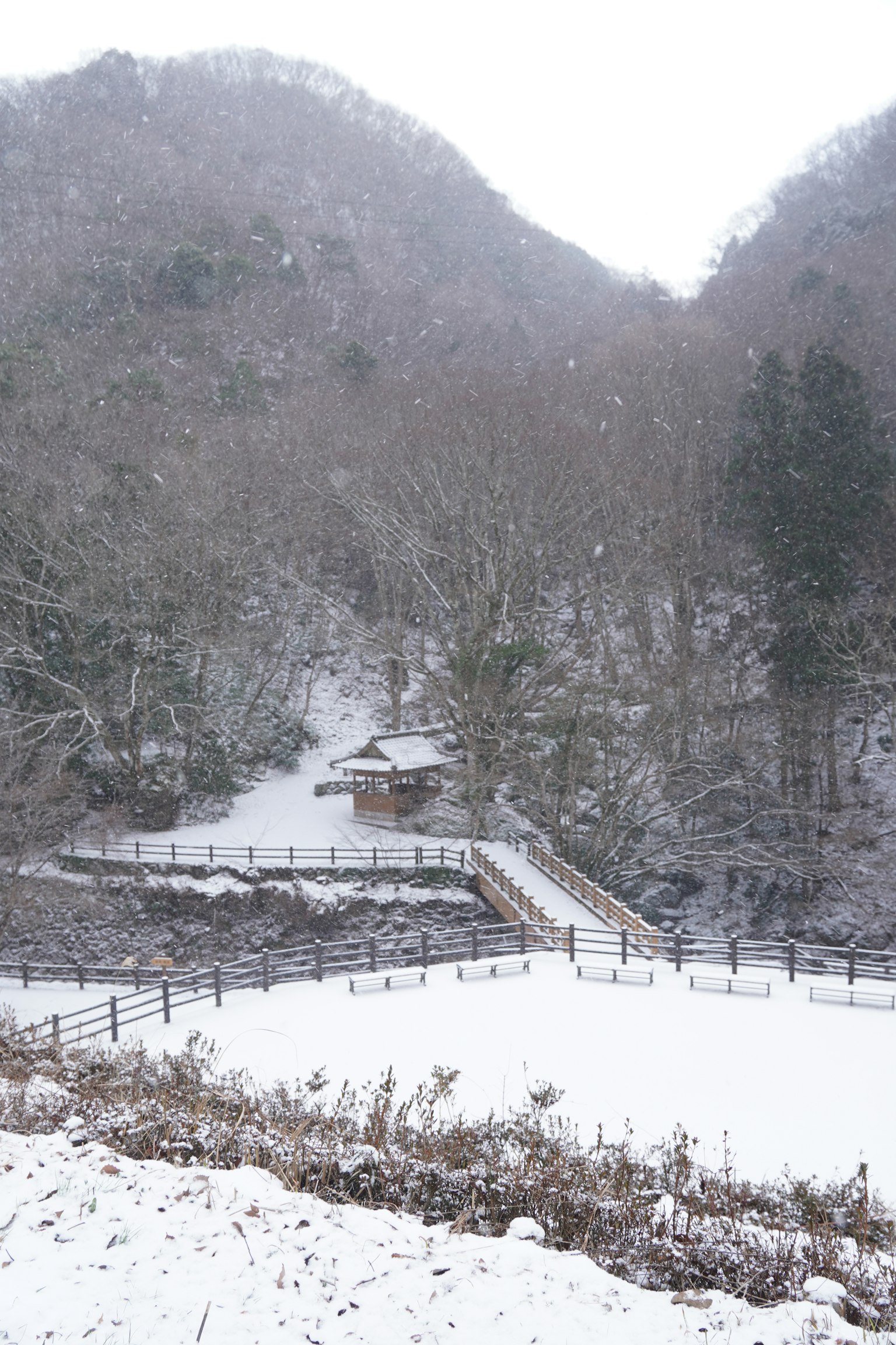 雪覆蓋的山脈景觀與木橋