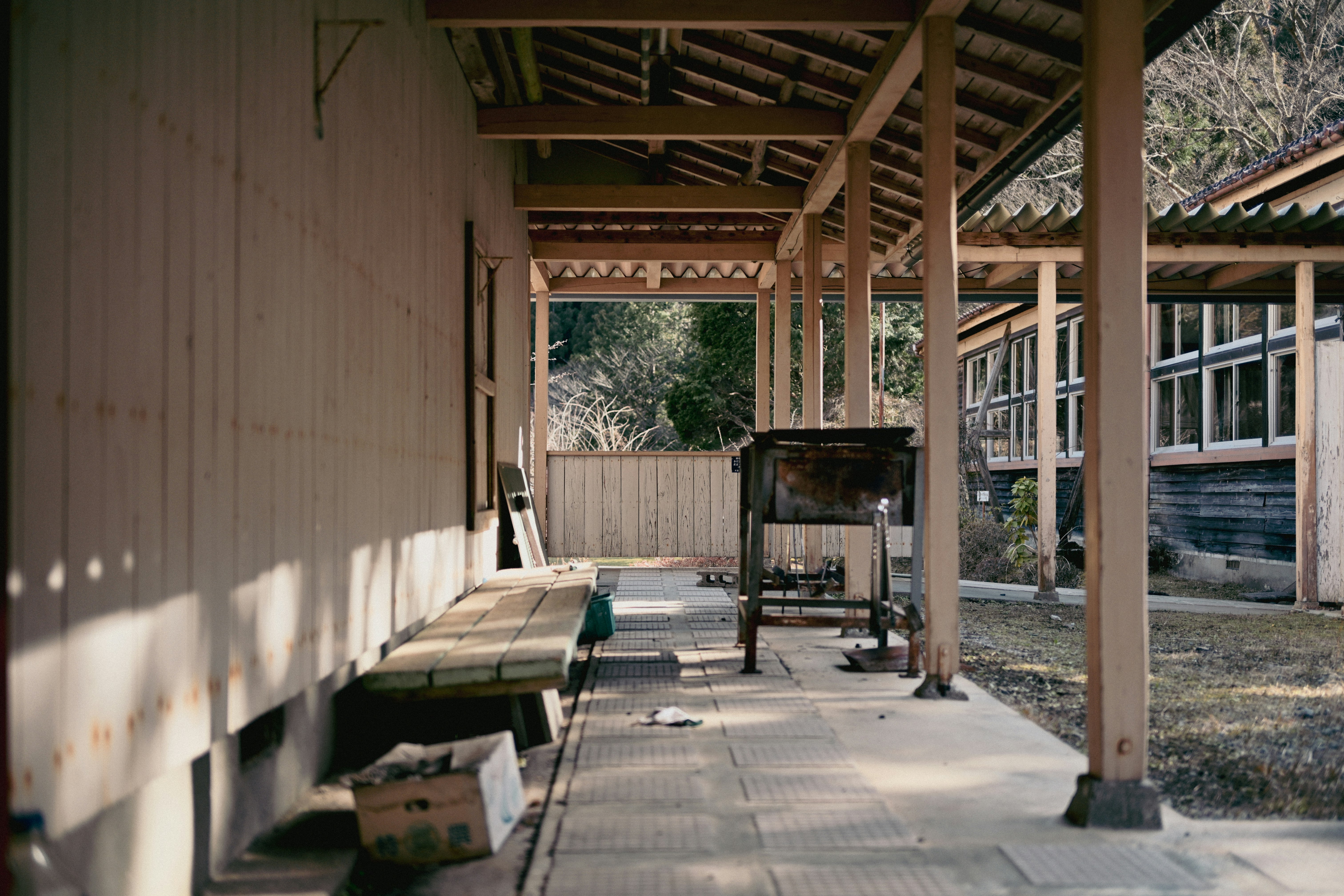 木造の軒下に差し込む淡い陽ざしと静かな中庭の風景