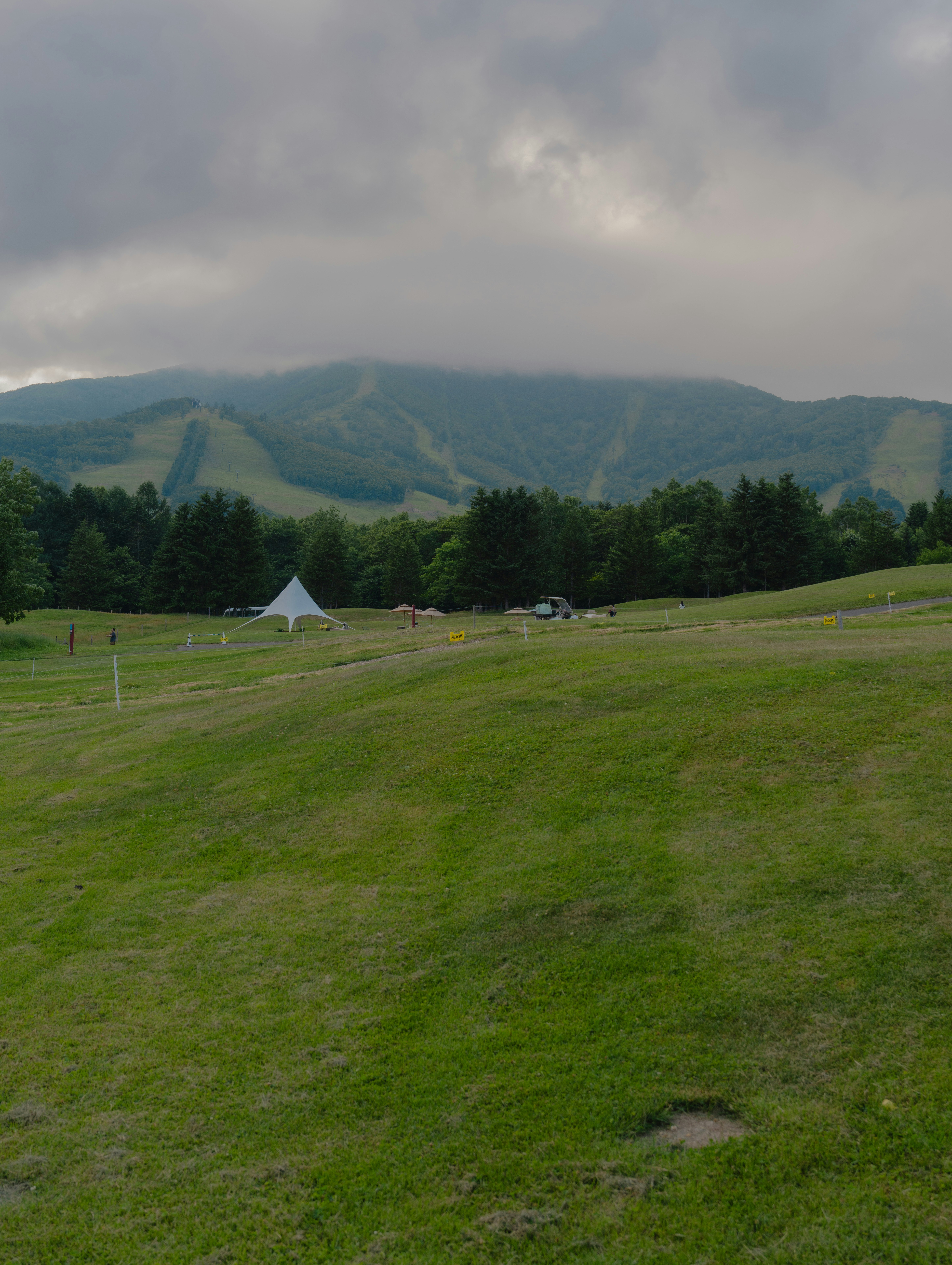 緑の草原と山々の風景 テントが点在する静かな自然の景色