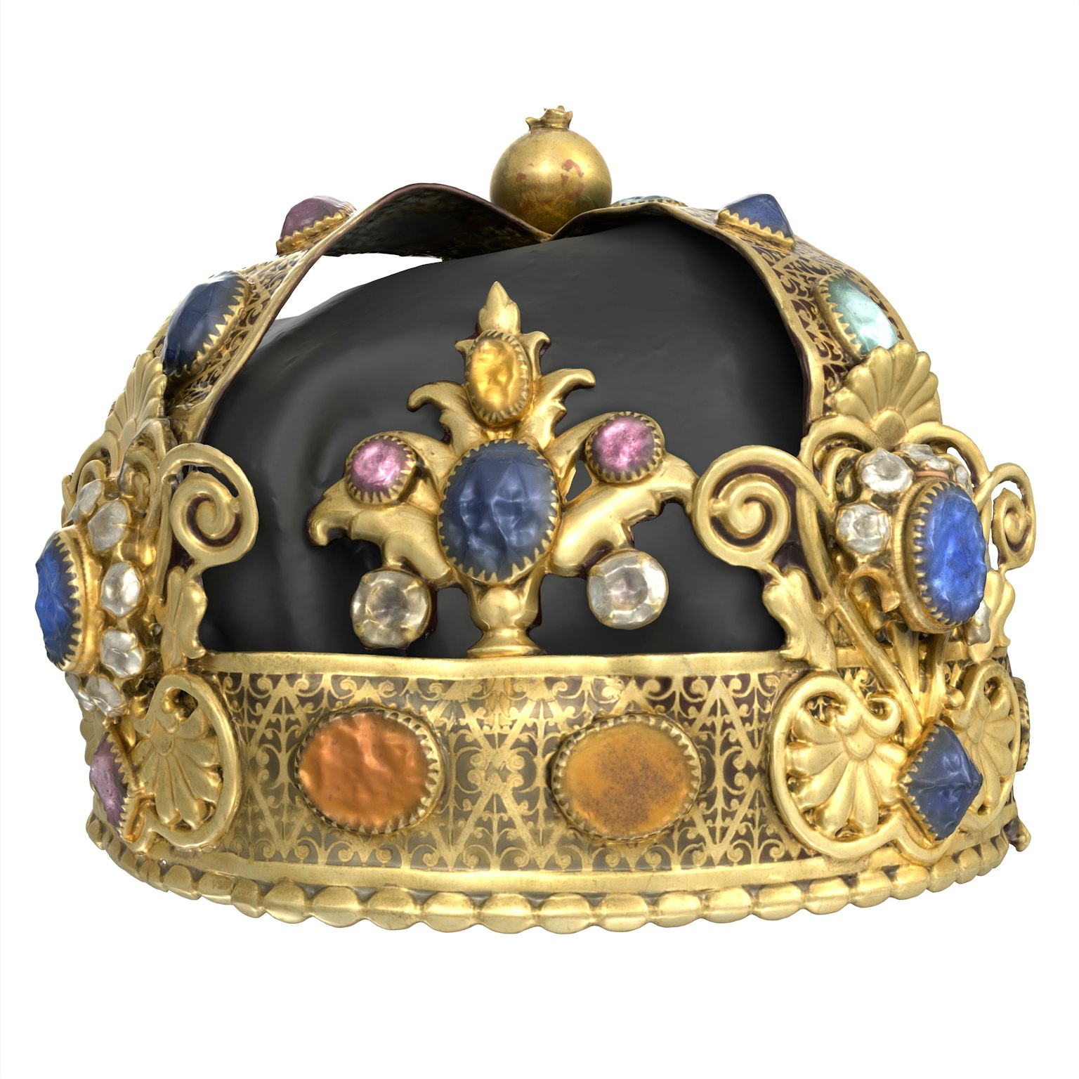 Couronne dorée ornée de bijoux colorés avec un centre noir