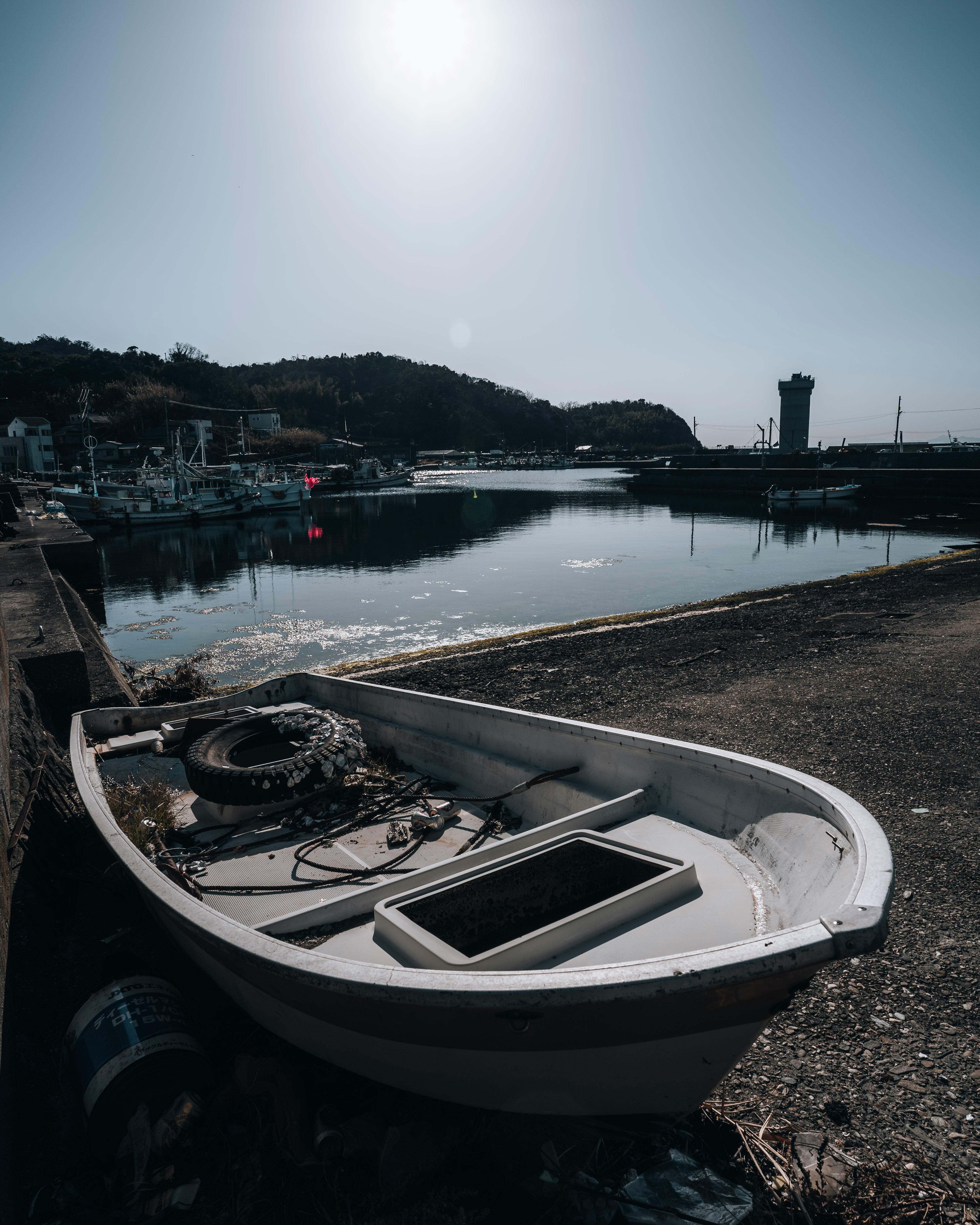 small boat moored at a harbor quay with calm water