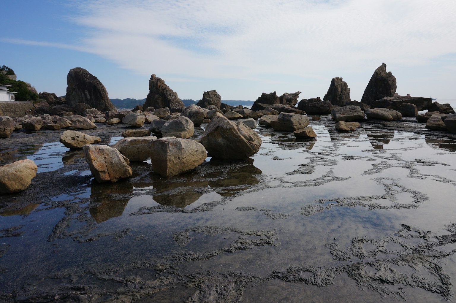 Coastal landscape with rocks and calm water surface