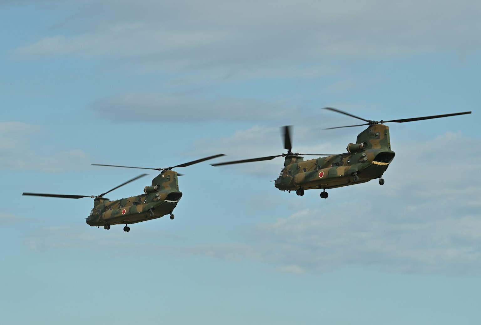 Two camouflaged CH-47 Chinook helicopters flying against a blue sky