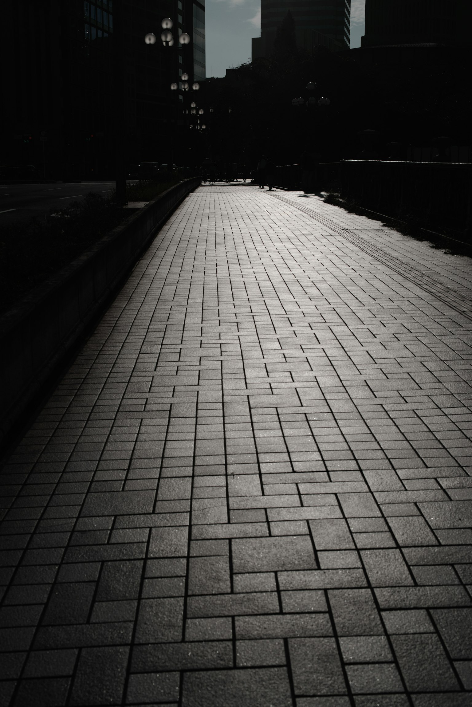 铺砖人行道在暗背景下柔和光照下