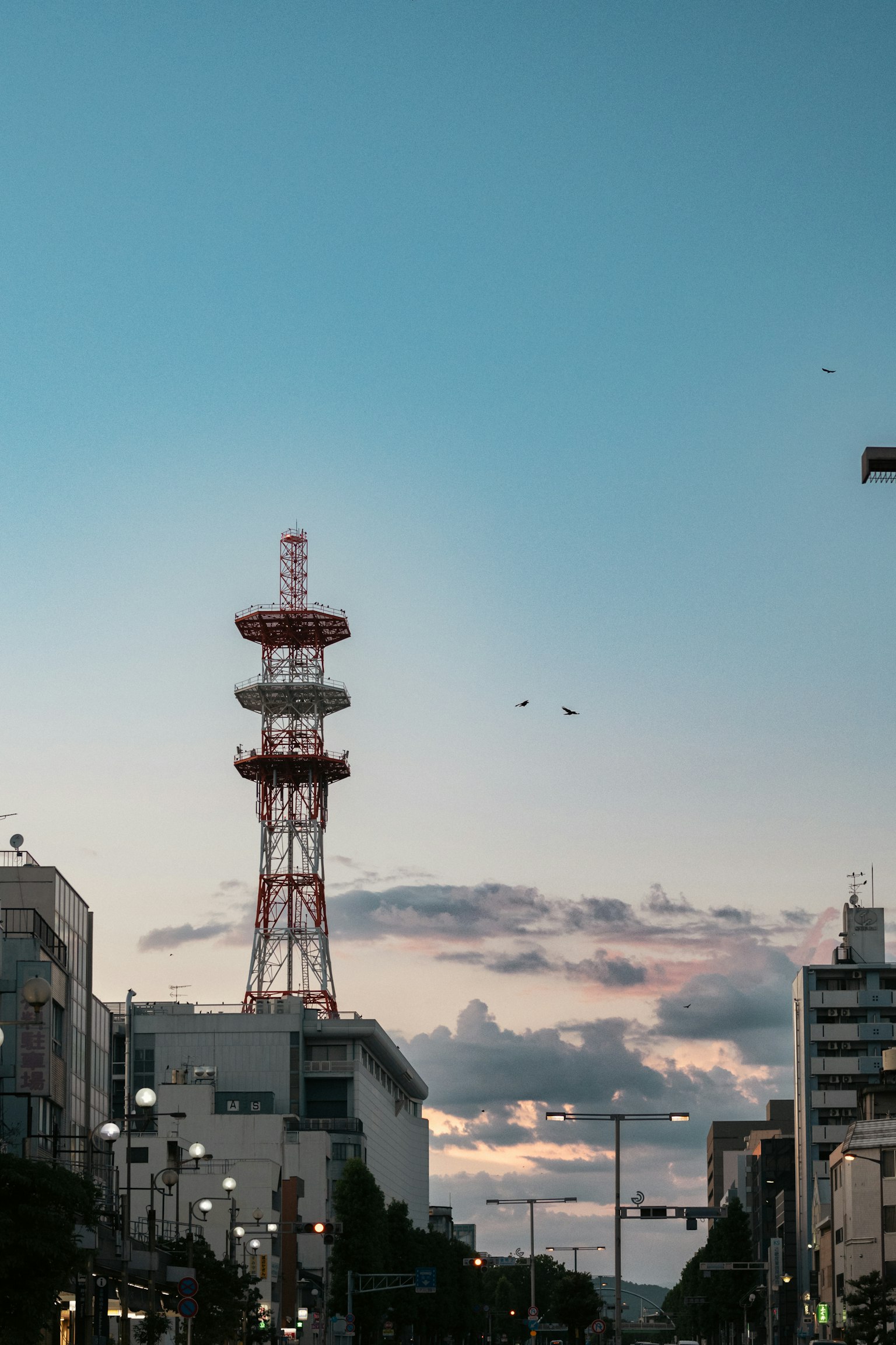 Paisaje urbano al anochecer con una torre de comunicación