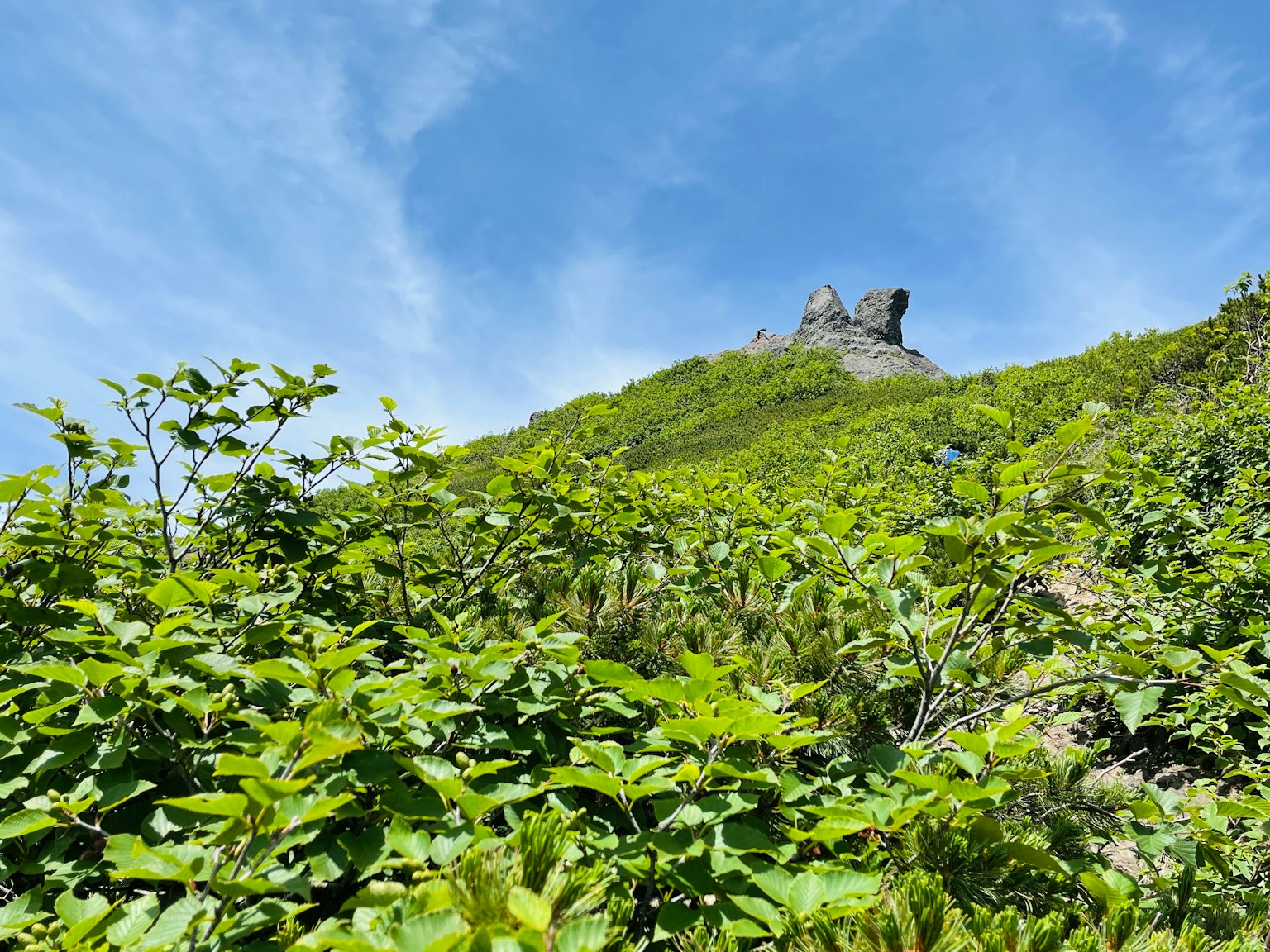 Paesaggio montano circondato da vegetazione verde e cielo blu