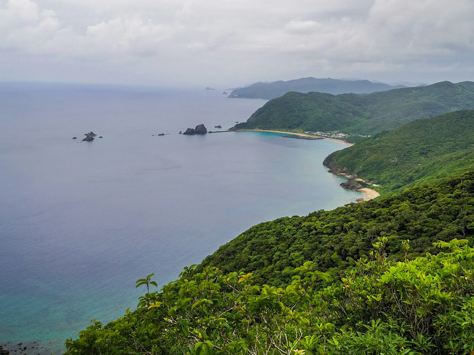 Scenic view of coastline with lush green hills and calm ocean