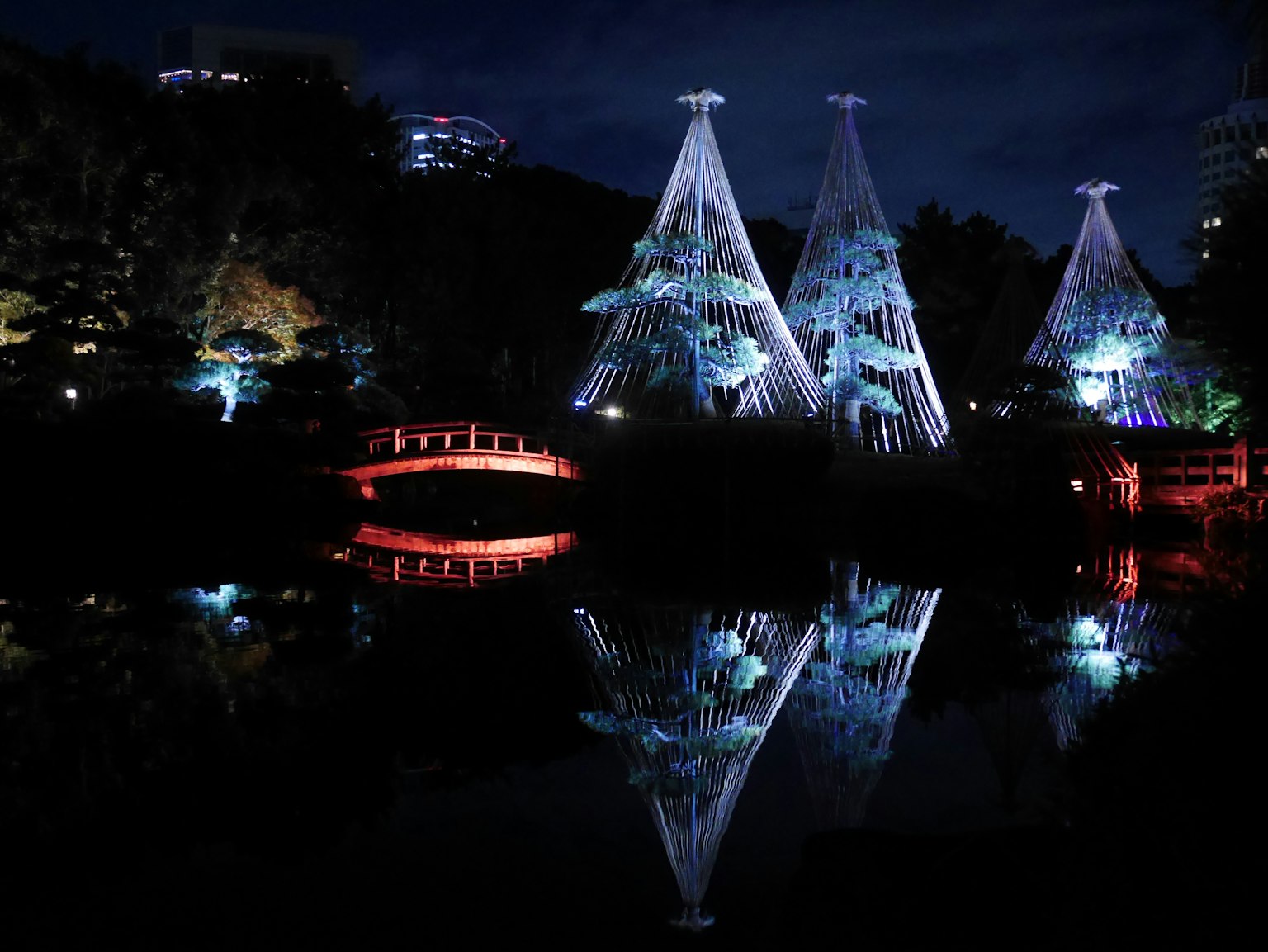 Arbres illuminés et un pont rouge reflétés dans un parc sombre la nuit