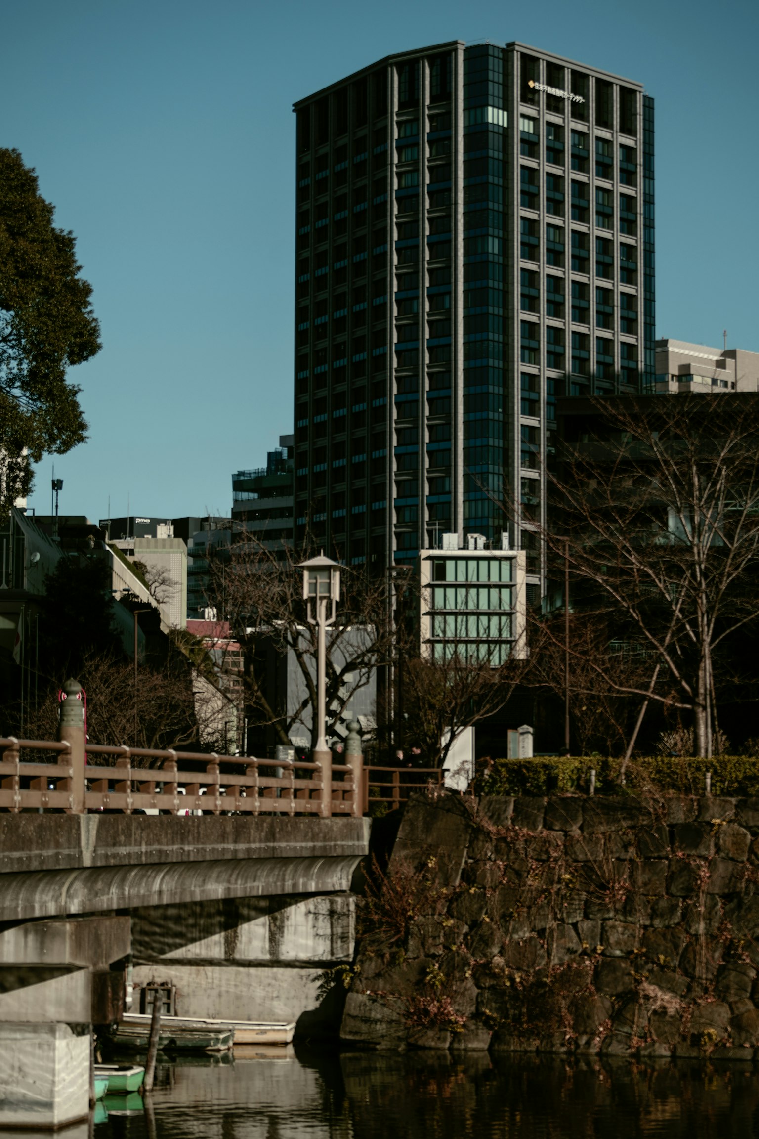 川沿いの橋と近代的なビルが映った風景