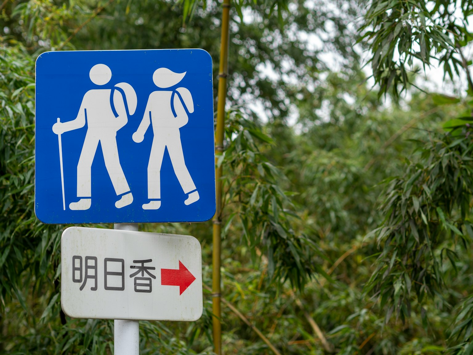 Papan tanda hiking biru dengan gambar dan panah arah