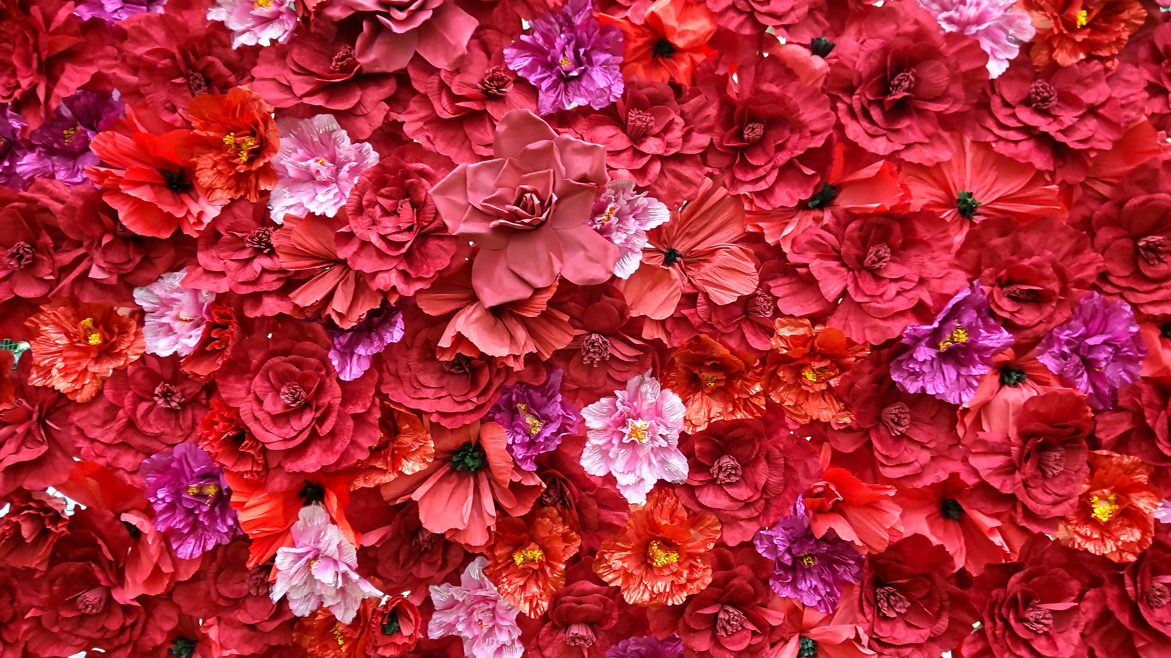 dense artificial flower bed in red and pink