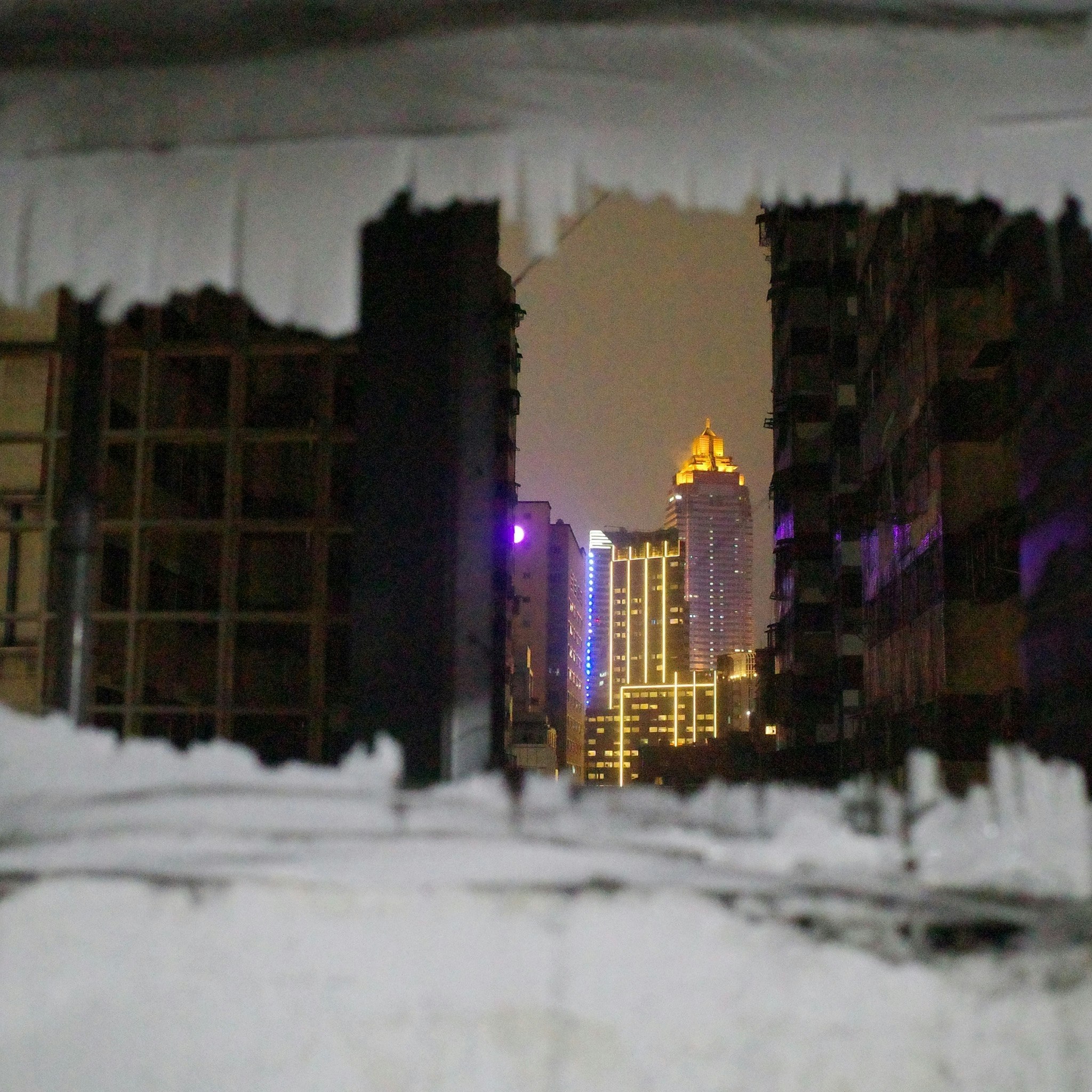 雪の積もる路地から見える台北の高層ビル群