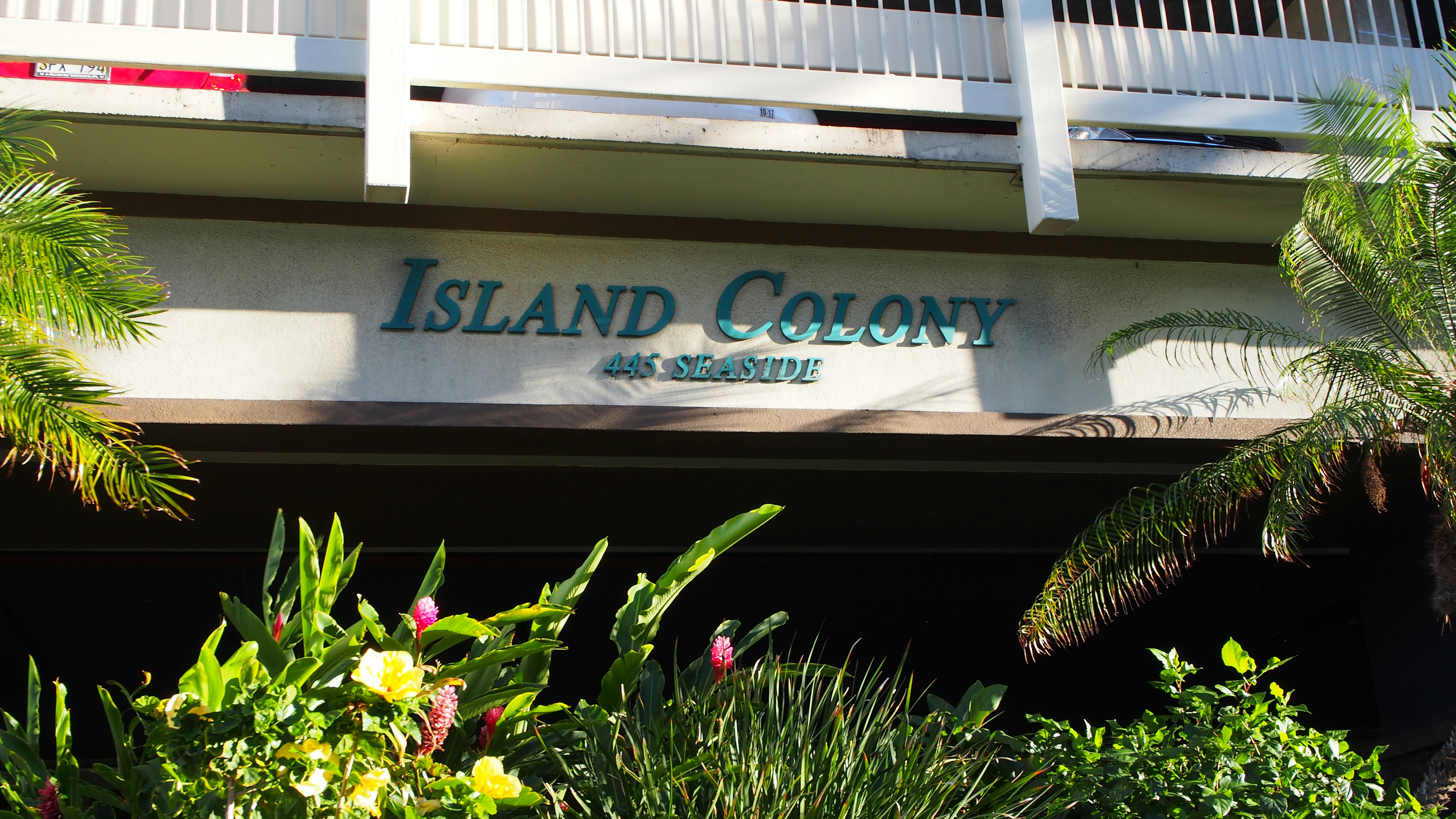 「ISLAND COLONY」と書かれた建物の入口前の花と緑の植栽