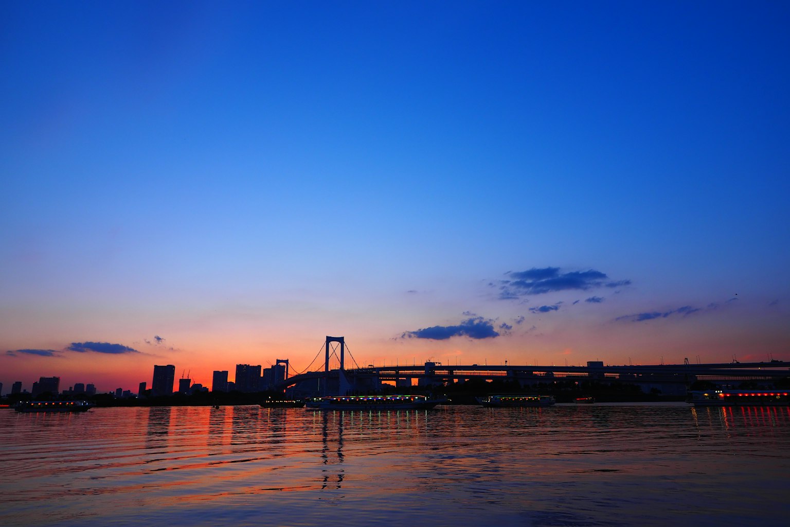 Bella vista del cielo al tramonto e della superficie dell'acqua della baia di Tokyo