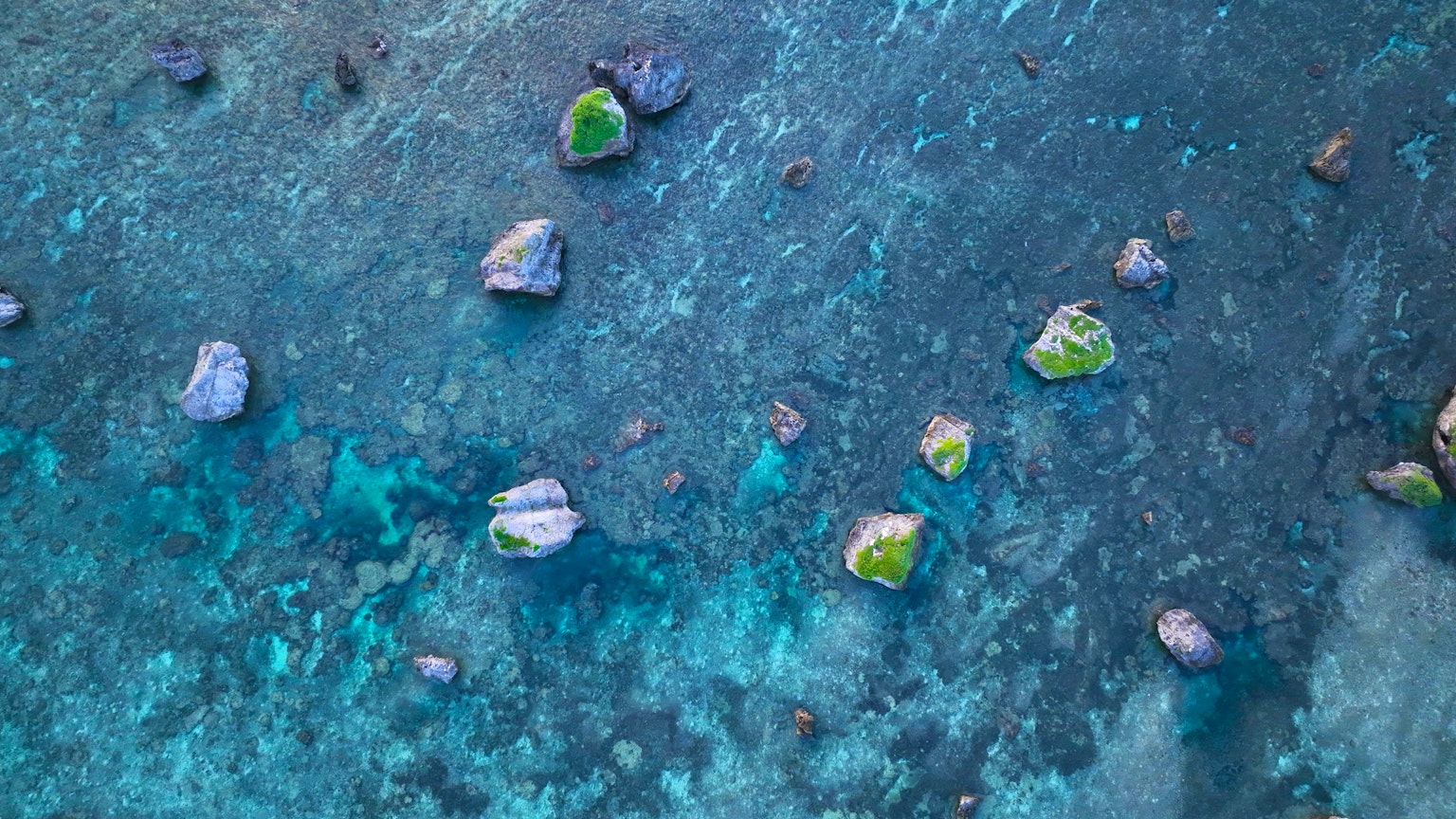 Luftaufnahme von Felsen und grüner Vegetation im blauen Ozeanwasser