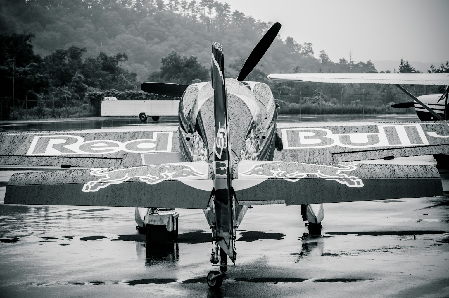Black and white image of an aircraft with Red Bull branding facing forward