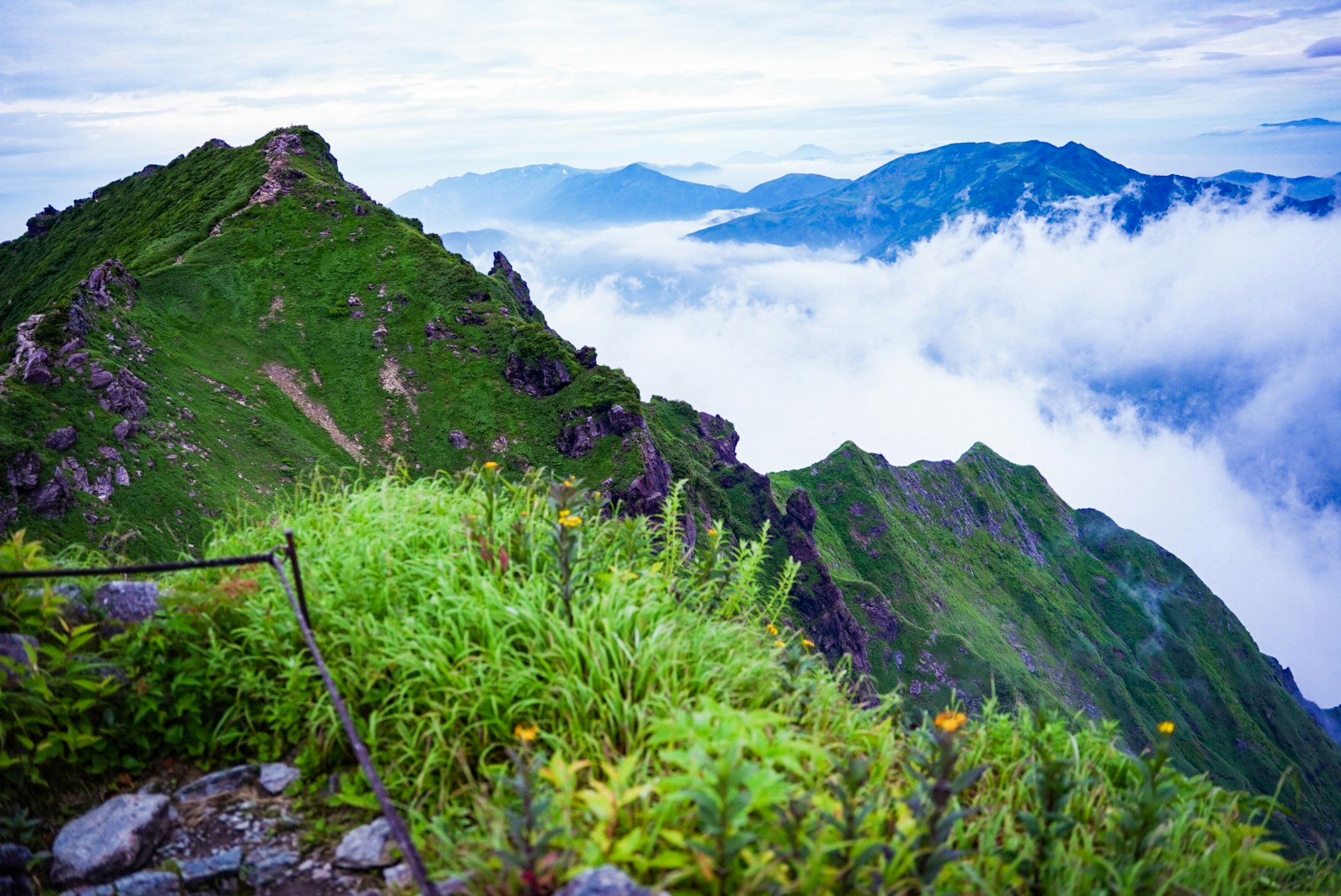 雲海に浮かぶ緑の稜線と山並みの絶景