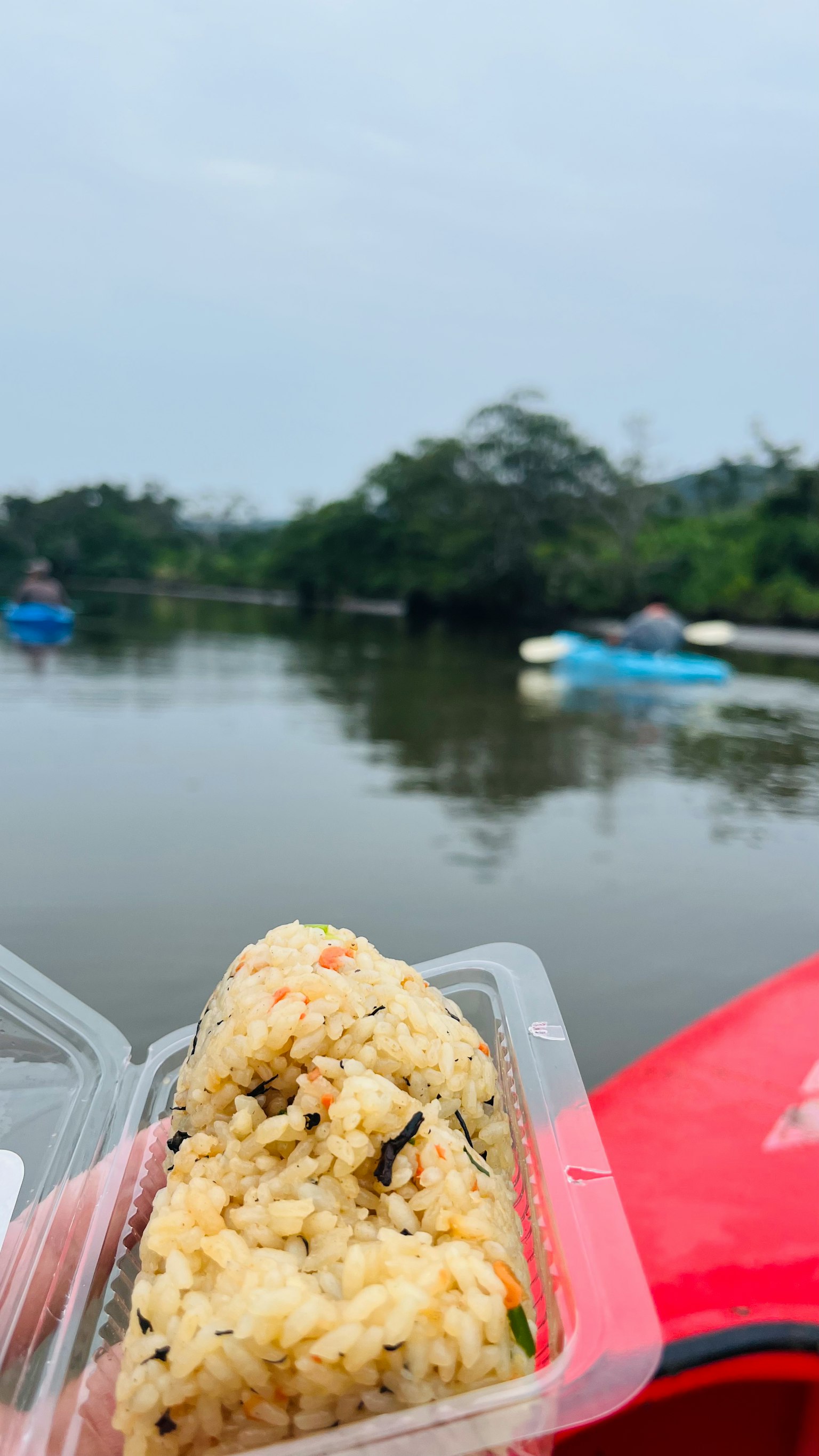 手持飯團靠近河流的寧靜水面