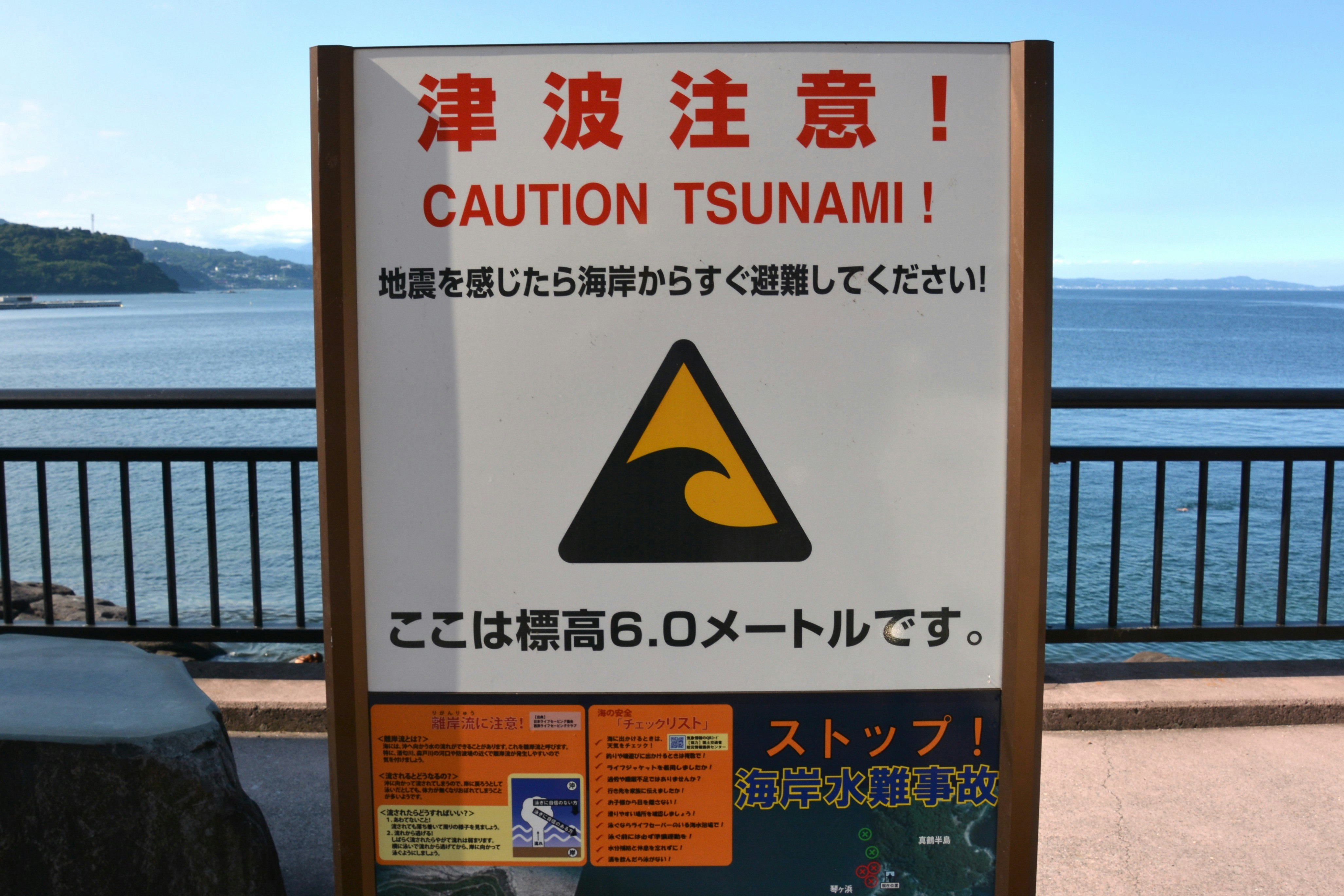 津波注意の警告板が海岸線を見下ろす場所に立つ