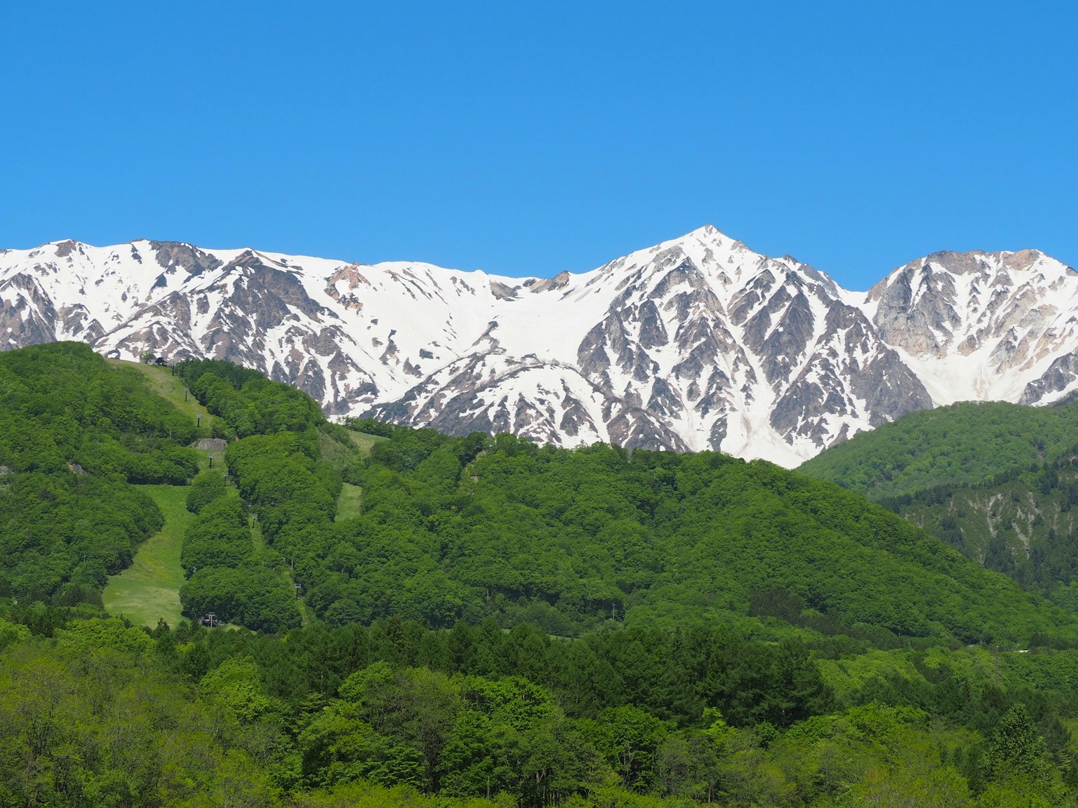 Montañas verdes con picos nevados bajo un cielo azul claro
