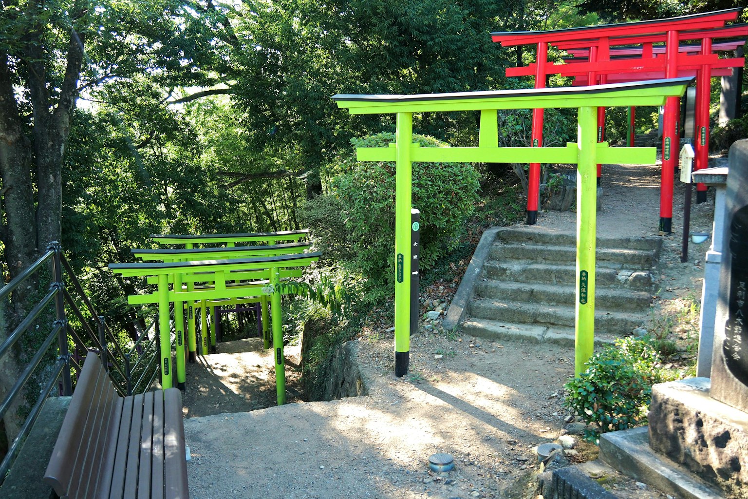 Cổng torii xanh và đỏ rực rỡ trong khung cảnh tự nhiên