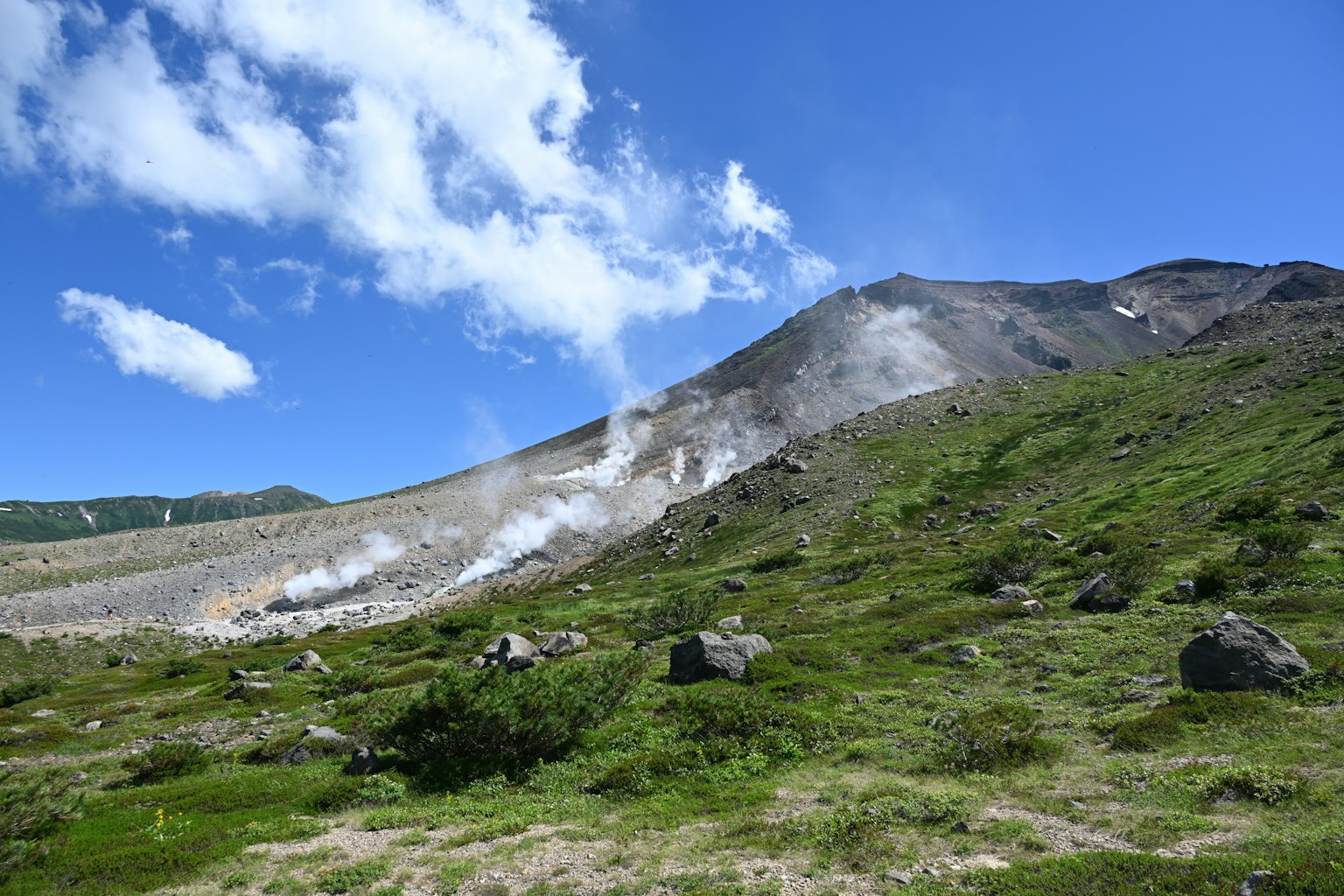 活火山坡与蒸汽和蓝天