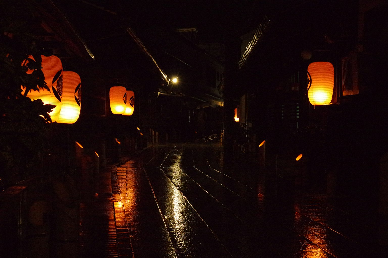 Lanterns illuminating a wet pathway at night