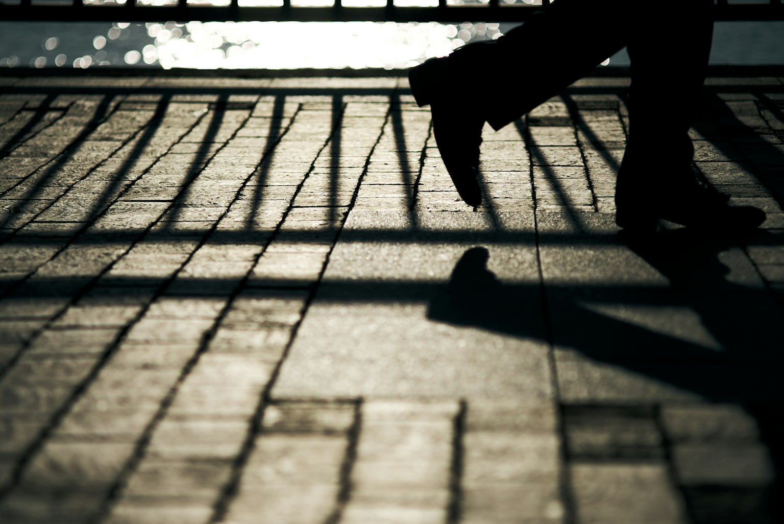 Silhouette seseorang berjalan di atas paving pola dengan bayangan