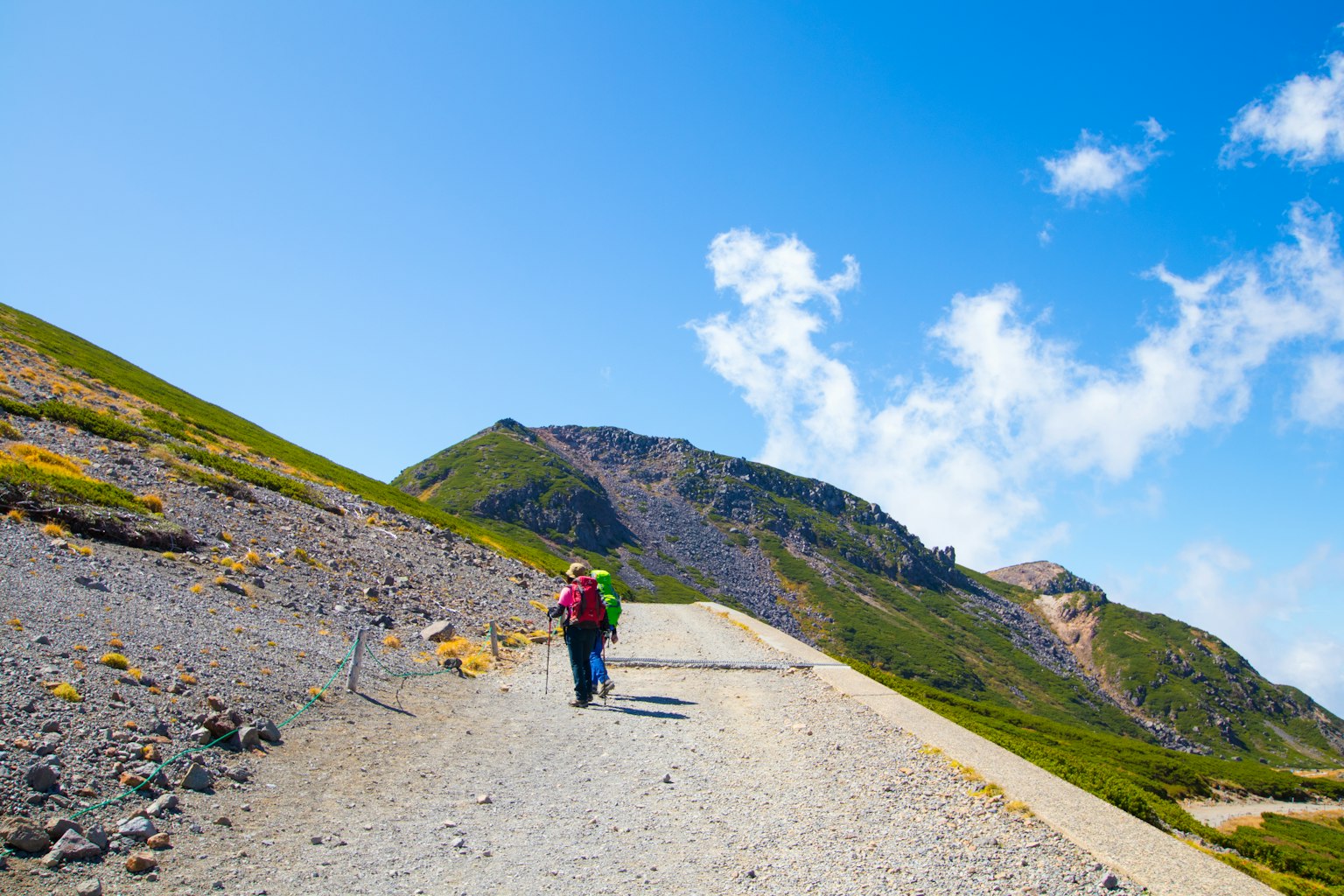 Une personne marchant sur un chemin de gravier sous un ciel bleu avec des montagnes en arrière-plan