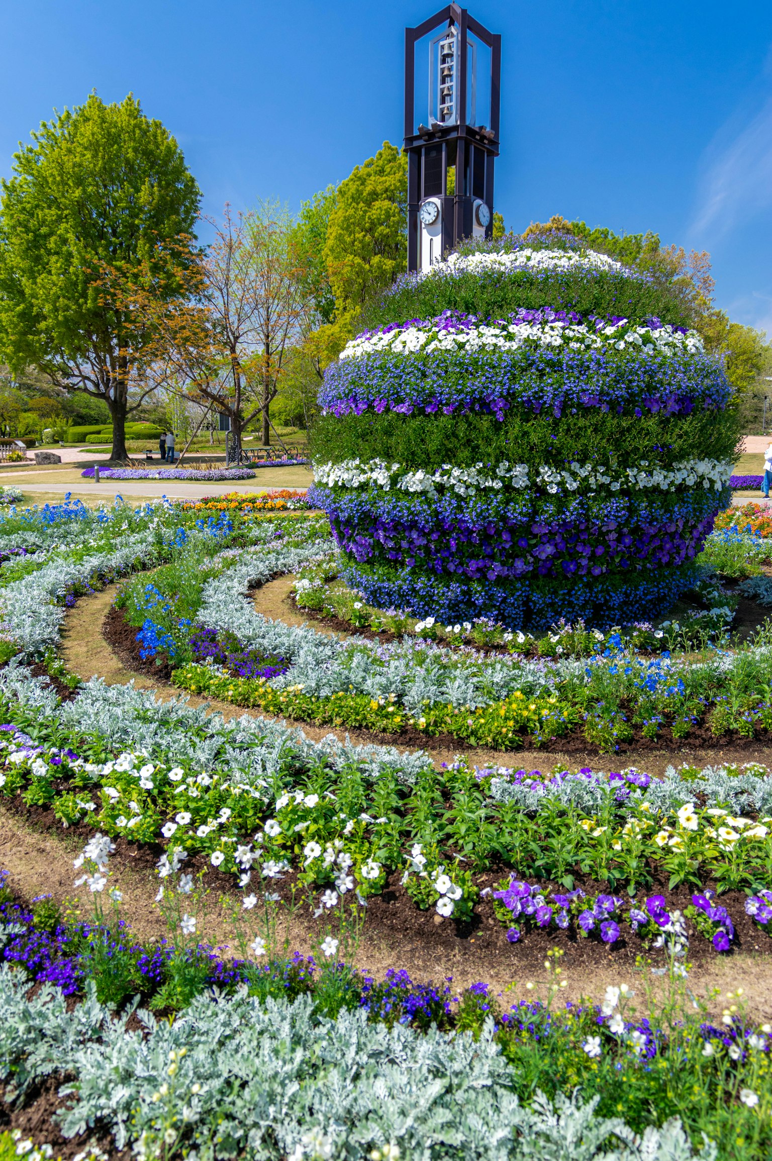 Hermoso jardín con flores coloridas dispuestas en patrones en espiral