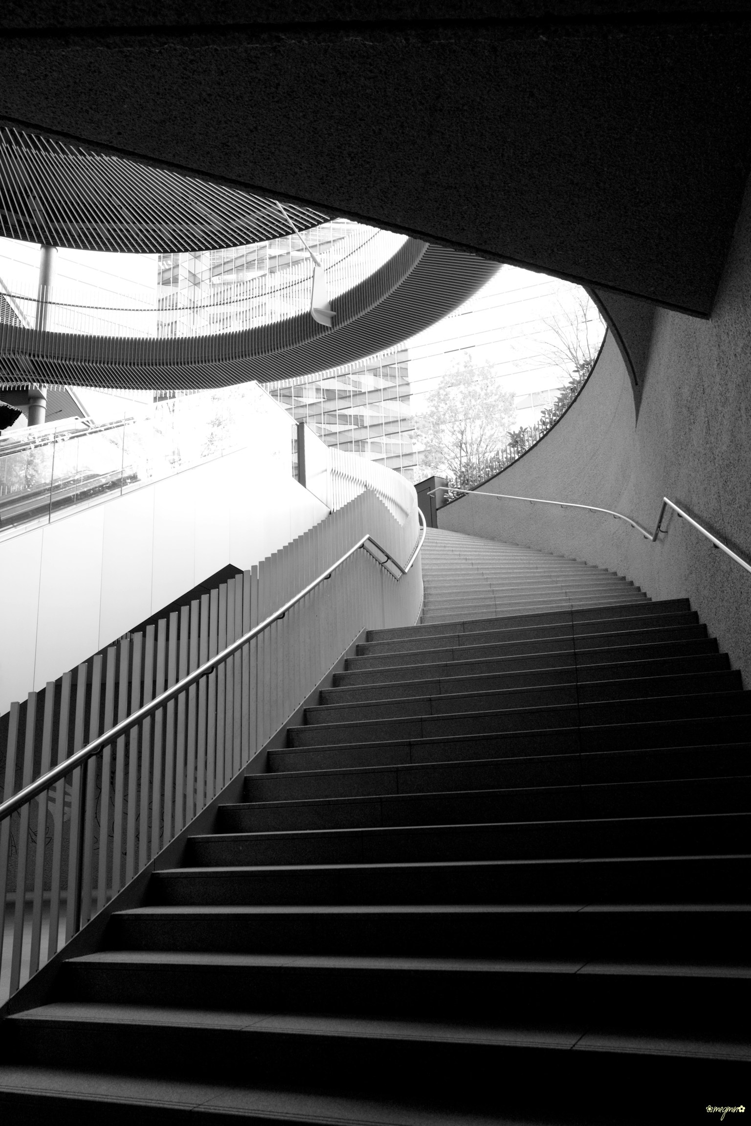 Black and white photo looking up a staircase featuring curved architectural design