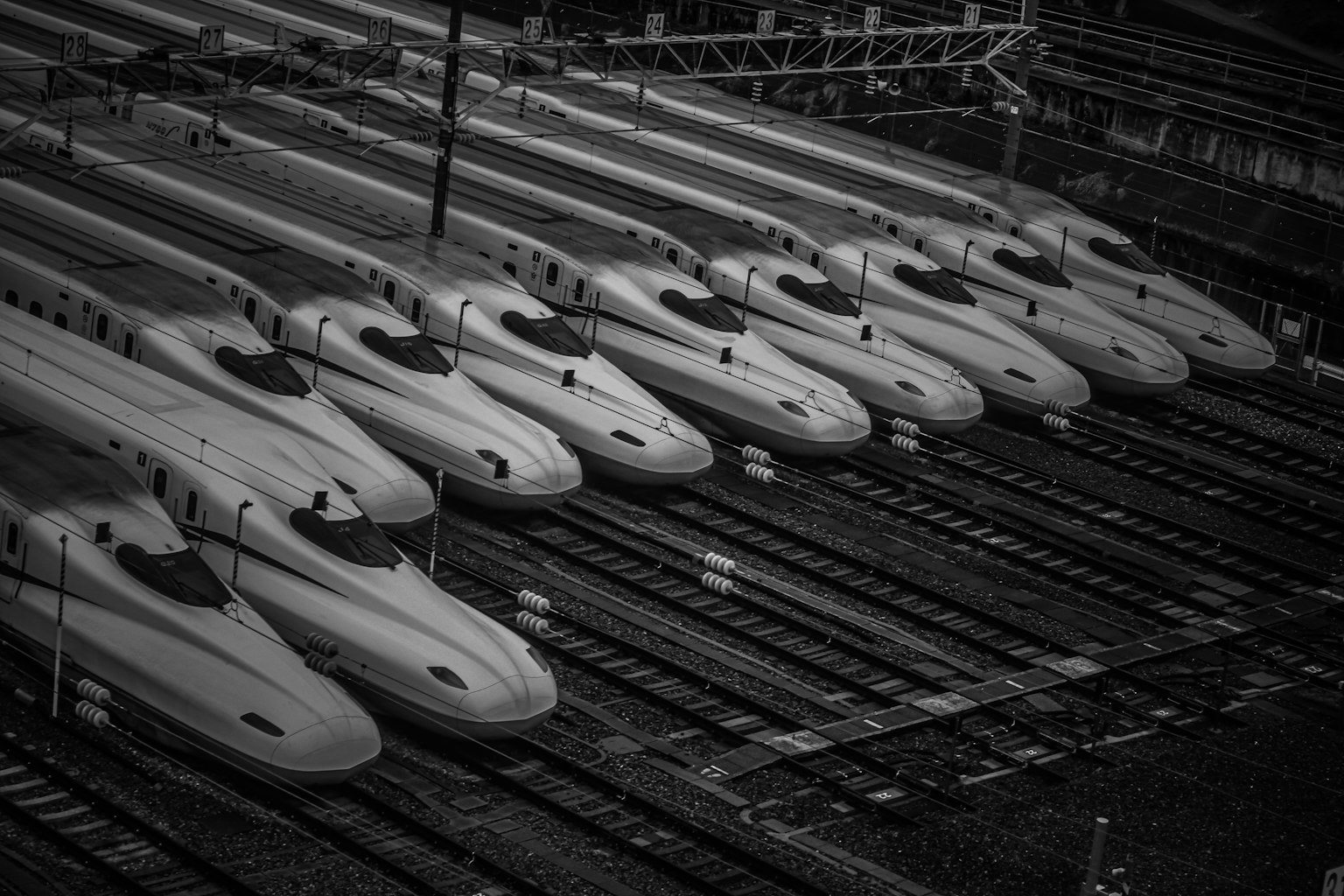 Riga di treni Shinkansen su binari ferroviari